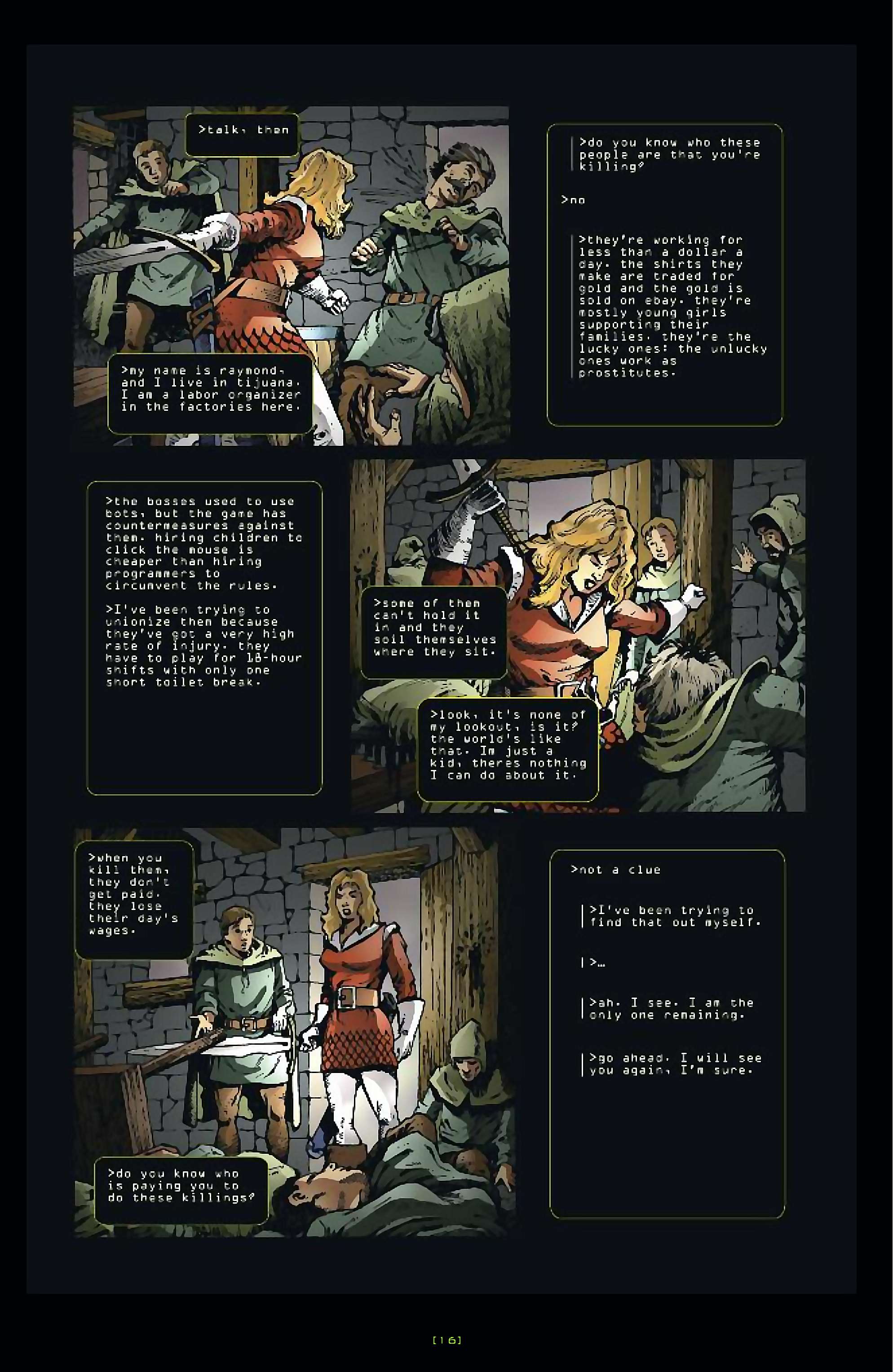 Cory Doctorow's Futuristic Tales of the Here and Now — Anda's Game, page 17. Story by Cory Doctorow. Adapted by Dara Naraghi, art by Esteve Polls, colors by Robert Studio, letters by Neil Uyetake, edited by Ted Adams. IDW Publishing. CC BY-NC-SA 3.0 US.