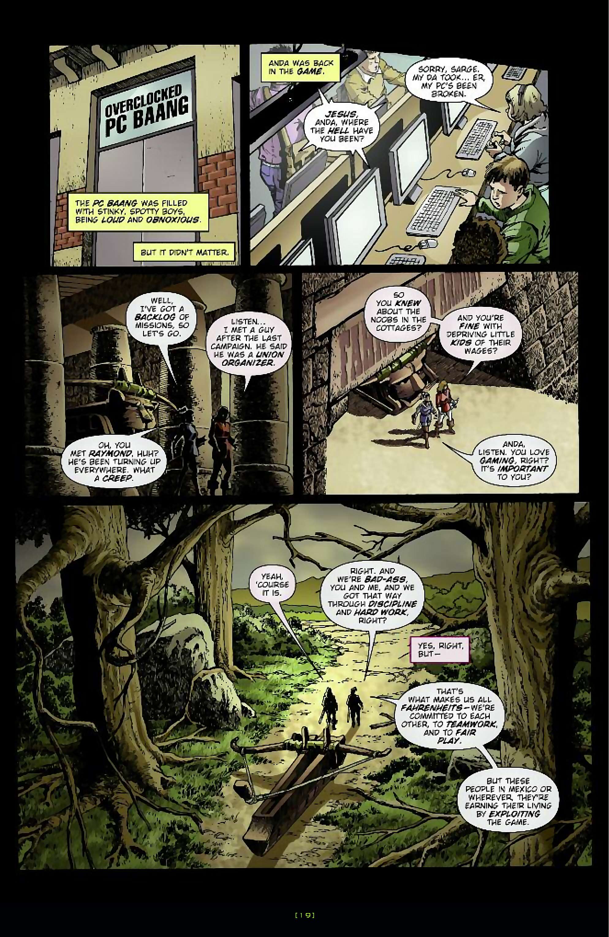 Cory Doctorow's Futuristic Tales of the Here and Now — Anda's Game, page 20. Story by Cory Doctorow. Adapted by Dara Naraghi, art by Esteve Polls, colors by Robert Studio, letters by Neil Uyetake, edited by Ted Adams. IDW Publishing. CC BY-NC-SA 3.0 US.