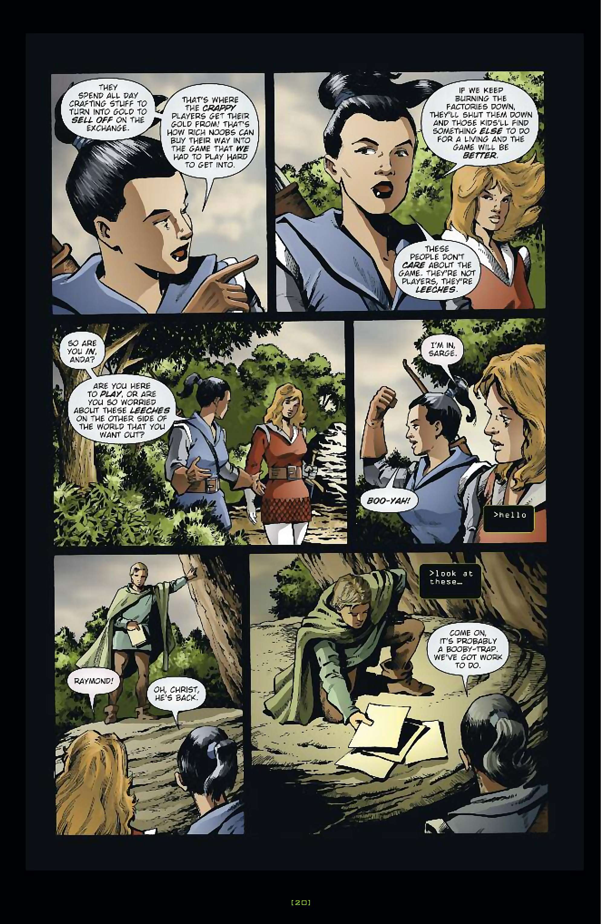 Cory Doctorow's Futuristic Tales of the Here and Now — Anda's Game, page 21. Story by Cory Doctorow. Adapted by Dara Naraghi, art by Esteve Polls, colors by Robert Studio, letters by Neil Uyetake, edited by Ted Adams. IDW Publishing. CC BY-NC-SA 3.0 US.