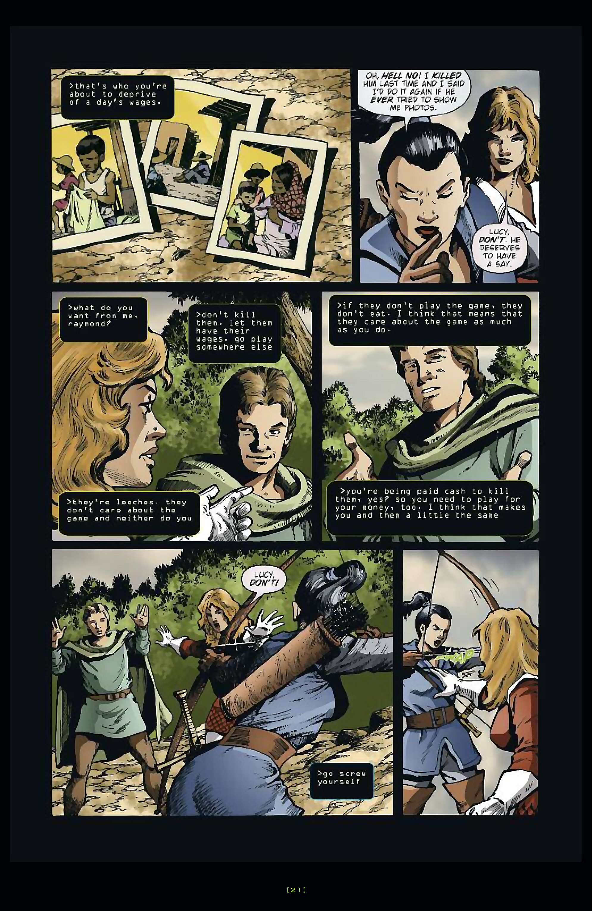 Cory Doctorow's Futuristic Tales of the Here and Now — Anda's Game, page 22. Story by Cory Doctorow. Adapted by Dara Naraghi, art by Esteve Polls, colors by Robert Studio, letters by Neil Uyetake, edited by Ted Adams. IDW Publishing. CC BY-NC-SA 3.0 US.