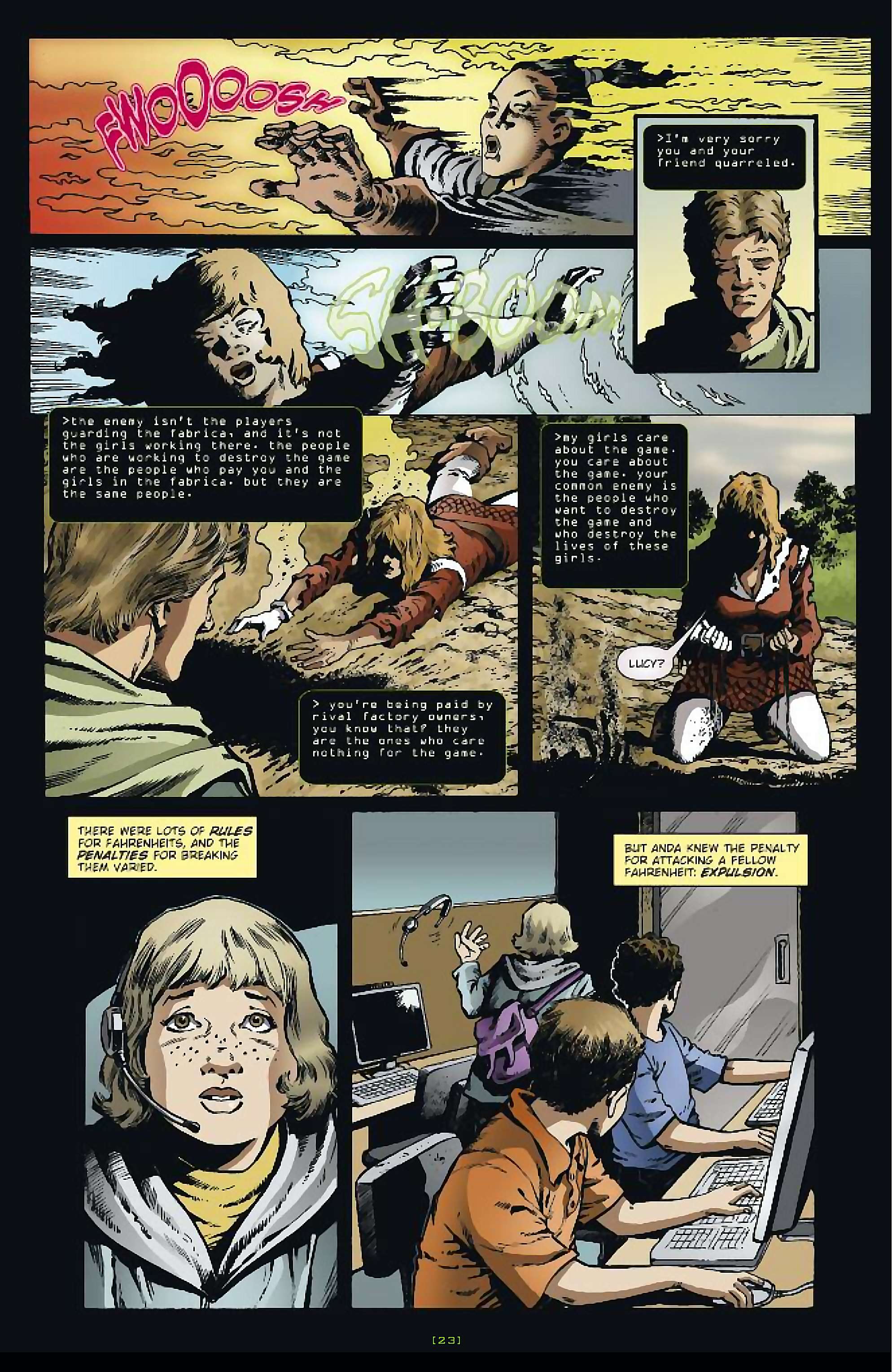 Cory Doctorow's Futuristic Tales of the Here and Now — Anda's Game, page 24. Story by Cory Doctorow. Adapted by Dara Naraghi, art by Esteve Polls, colors by Robert Studio, letters by Neil Uyetake, edited by Ted Adams. IDW Publishing. CC BY-NC-SA 3.0 US.