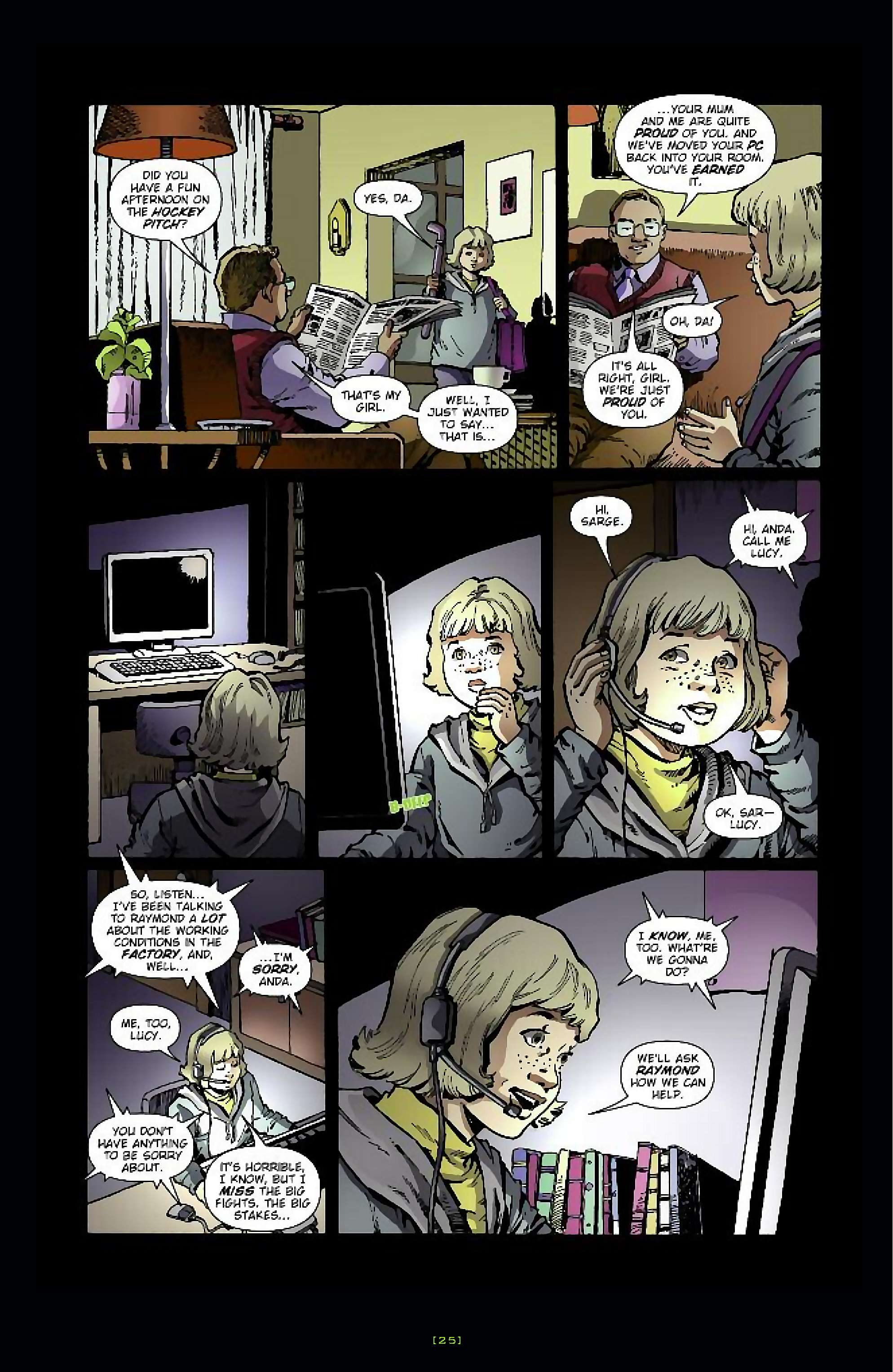 Cory Doctorow's Futuristic Tales of the Here and Now — Anda's Game, page 26. Story by Cory Doctorow. Adapted by Dara Naraghi, art by Esteve Polls, colors by Robert Studio, letters by Neil Uyetake, edited by Ted Adams. IDW Publishing. CC BY-NC-SA 3.0 US.