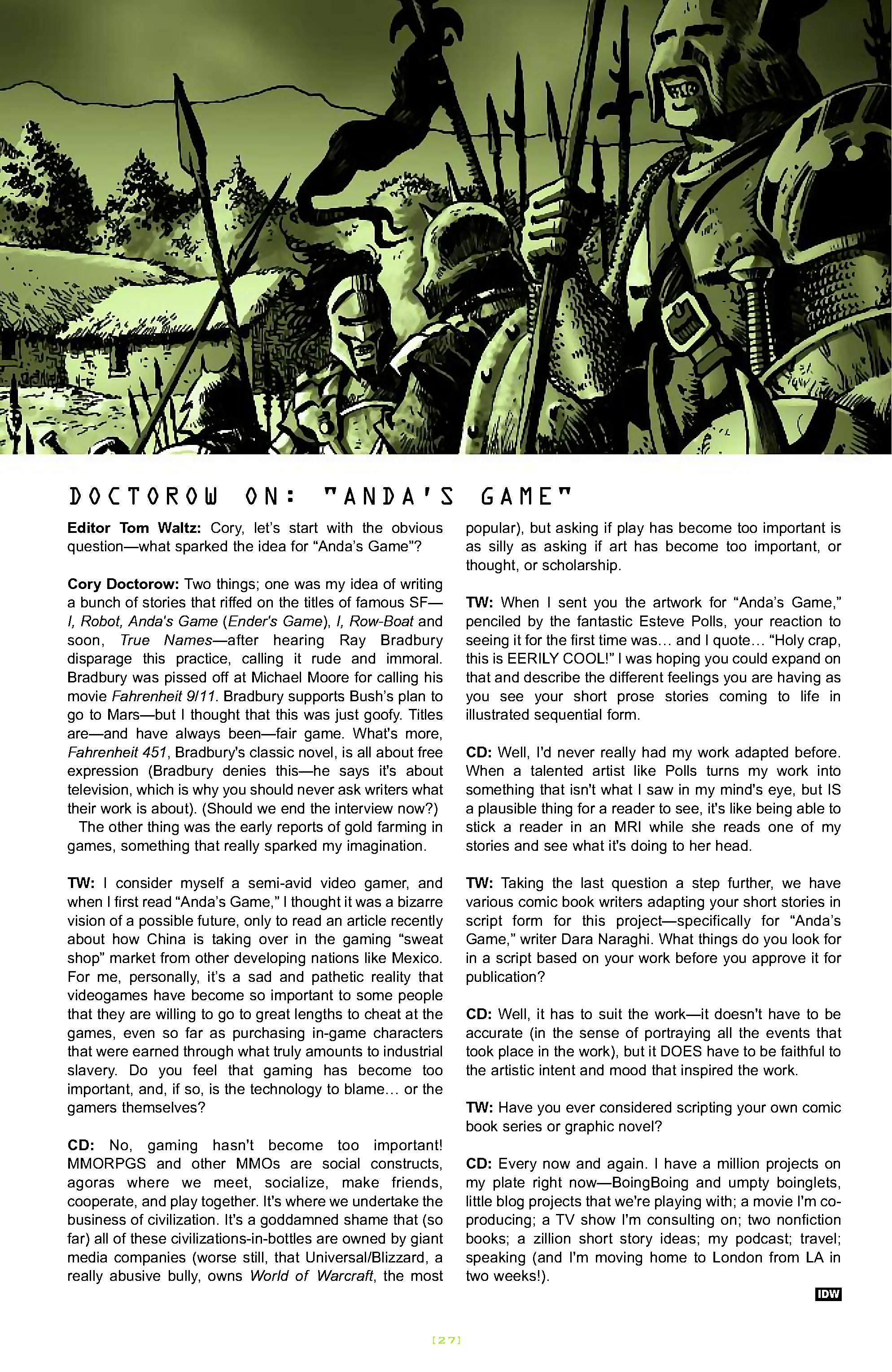 Cory Doctorow's Futuristic Tales of the Here and Now — Anda's Game, page 28. Story by Cory Doctorow. Adapted by Dara Naraghi, art by Esteve Polls, colors by Robert Studio, letters by Neil Uyetake, edited by Ted Adams. IDW Publishing. CC BY-NC-SA 3.0 US.