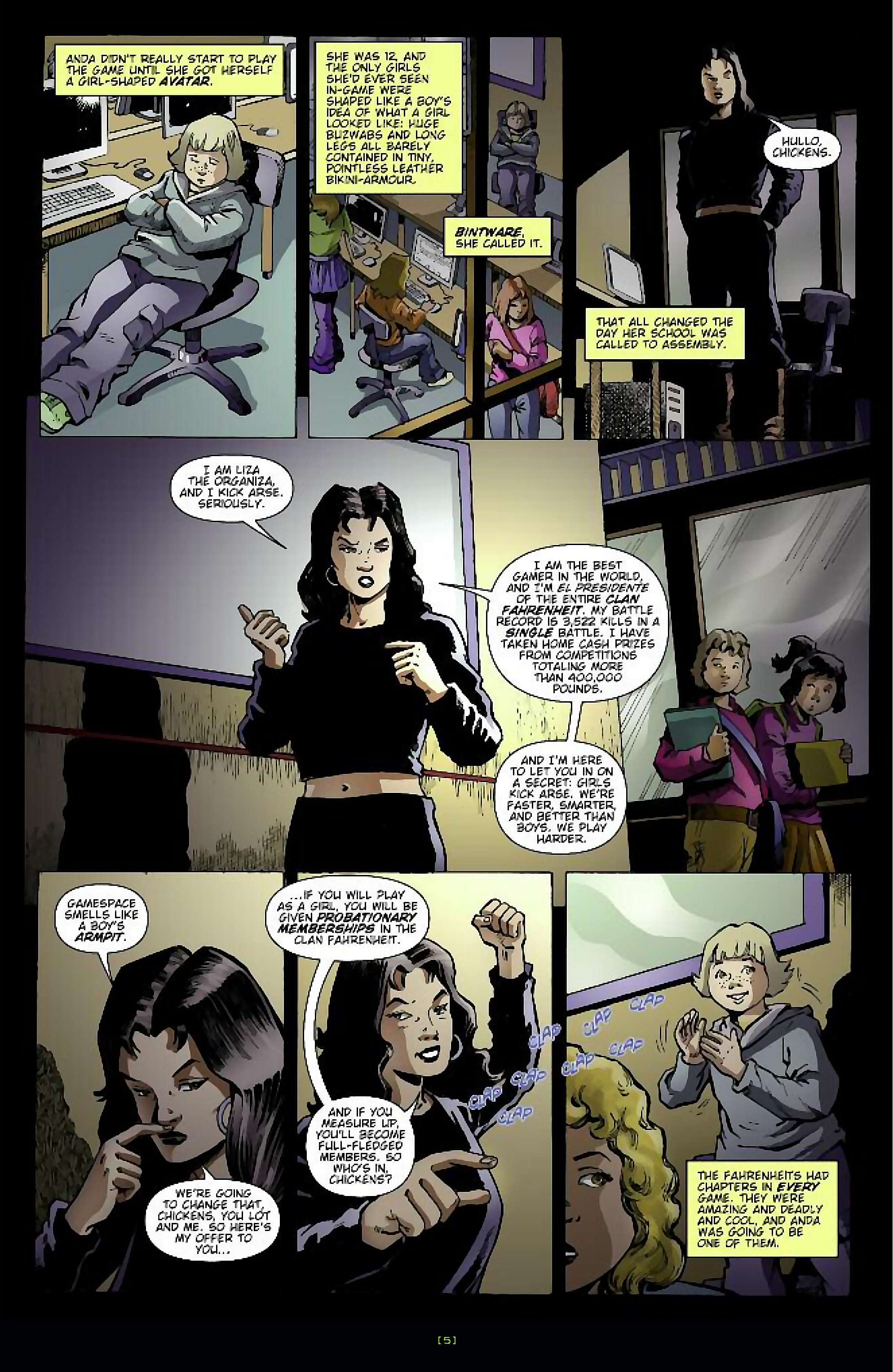 Cory Doctorow's Futuristic Tales of the Here and Now — Anda's Game, page 6. Story by Cory Doctorow. Adapted by Dara Naraghi, art by Esteve Polls, colors by Robert Studio, letters by Neil Uyetake, edited by Ted Adams. IDW Publishing. CC BY-NC-SA 3.0 US.