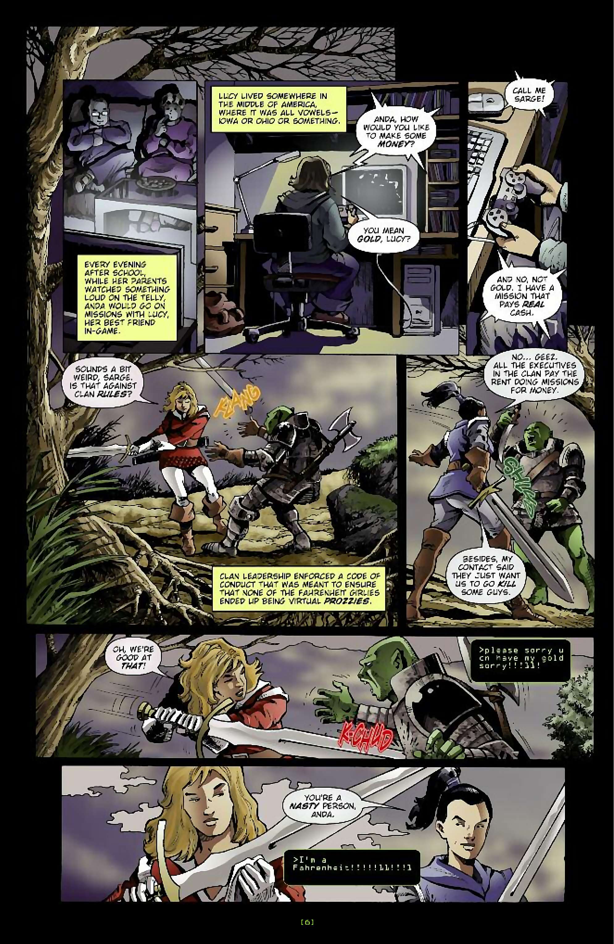 Cory Doctorow's Futuristic Tales of the Here and Now — Anda's Game, page 7. Story by Cory Doctorow. Adapted by Dara Naraghi, art by Esteve Polls, colors by Robert Studio, letters by Neil Uyetake, edited by Ted Adams. IDW Publishing. CC BY-NC-SA 3.0 US.