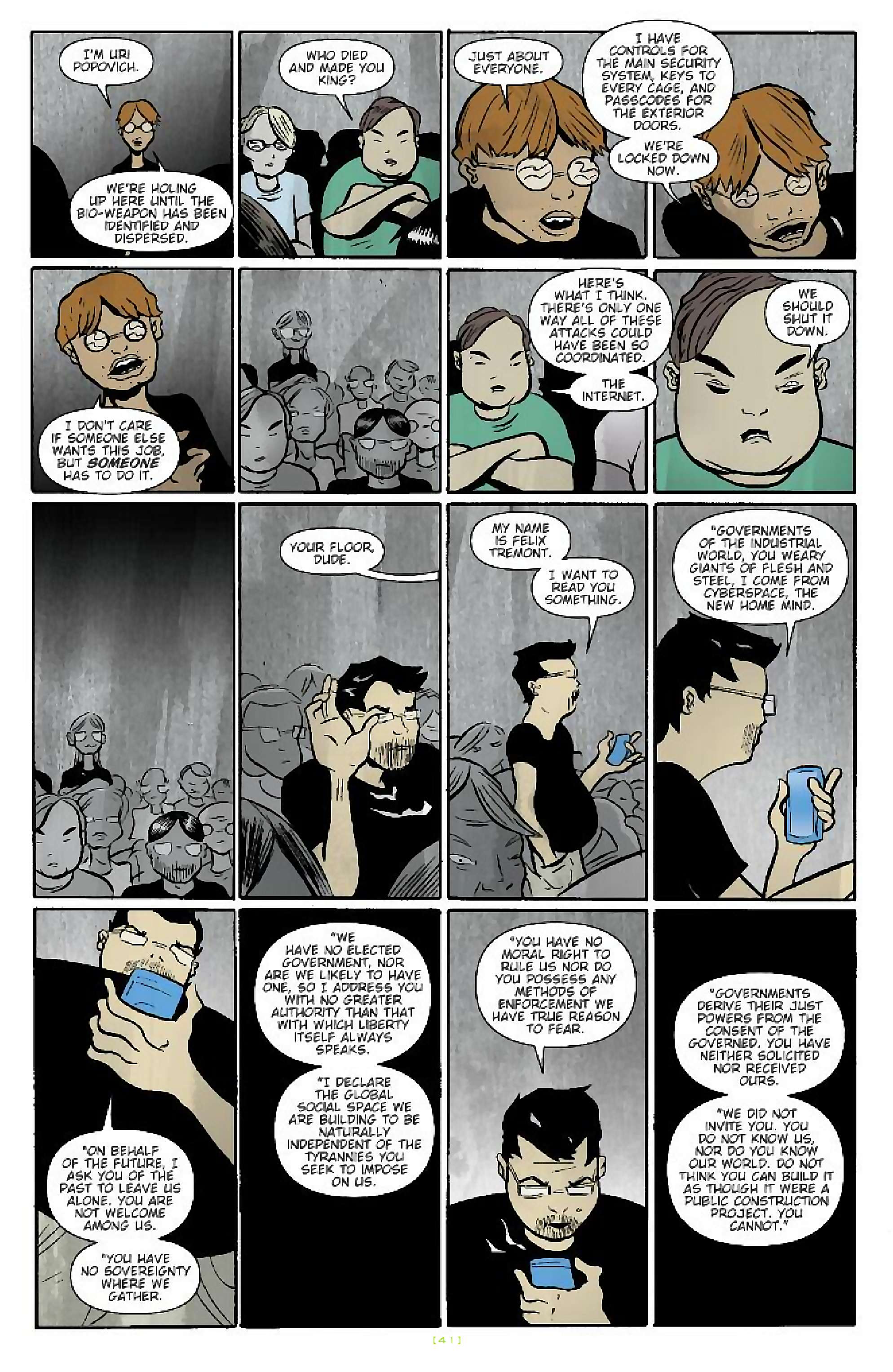 Cory Doctorow's Futuristic Tales of the Here and Now — When Sysadmins Ruled the Earth, page 14. Story by Cory Doctorow. Adapted by J.C. Vaughn, art by Daniel Warner, letters by Robbie Robbins, edited by Tom Waltz. IDW Publishing. CC BY-NC-SA 3.0 US.