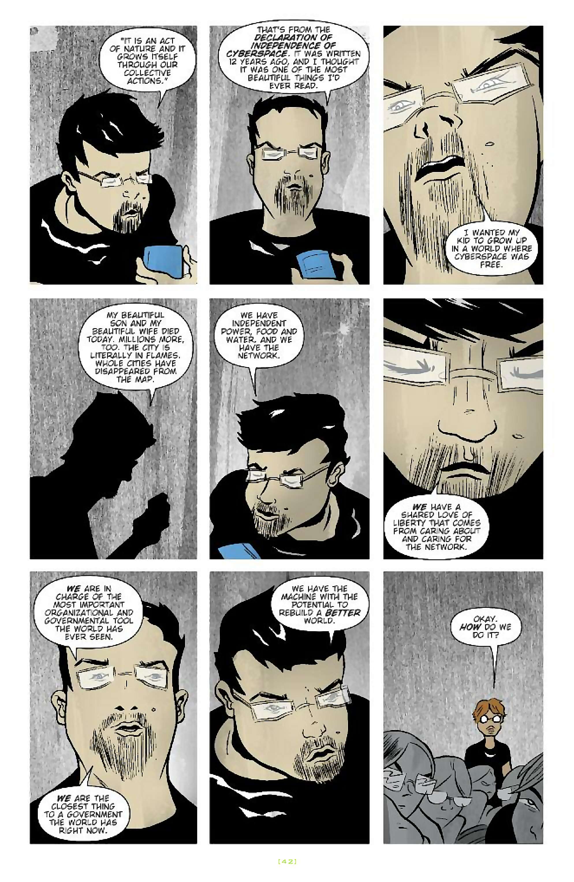Cory Doctorow's Futuristic Tales of the Here and Now — When Sysadmins Ruled the Earth, page 15. Story by Cory Doctorow. Adapted by J.C. Vaughn, art by Daniel Warner, letters by Robbie Robbins, edited by Tom Waltz. IDW Publishing. CC BY-NC-SA 3.0 US.