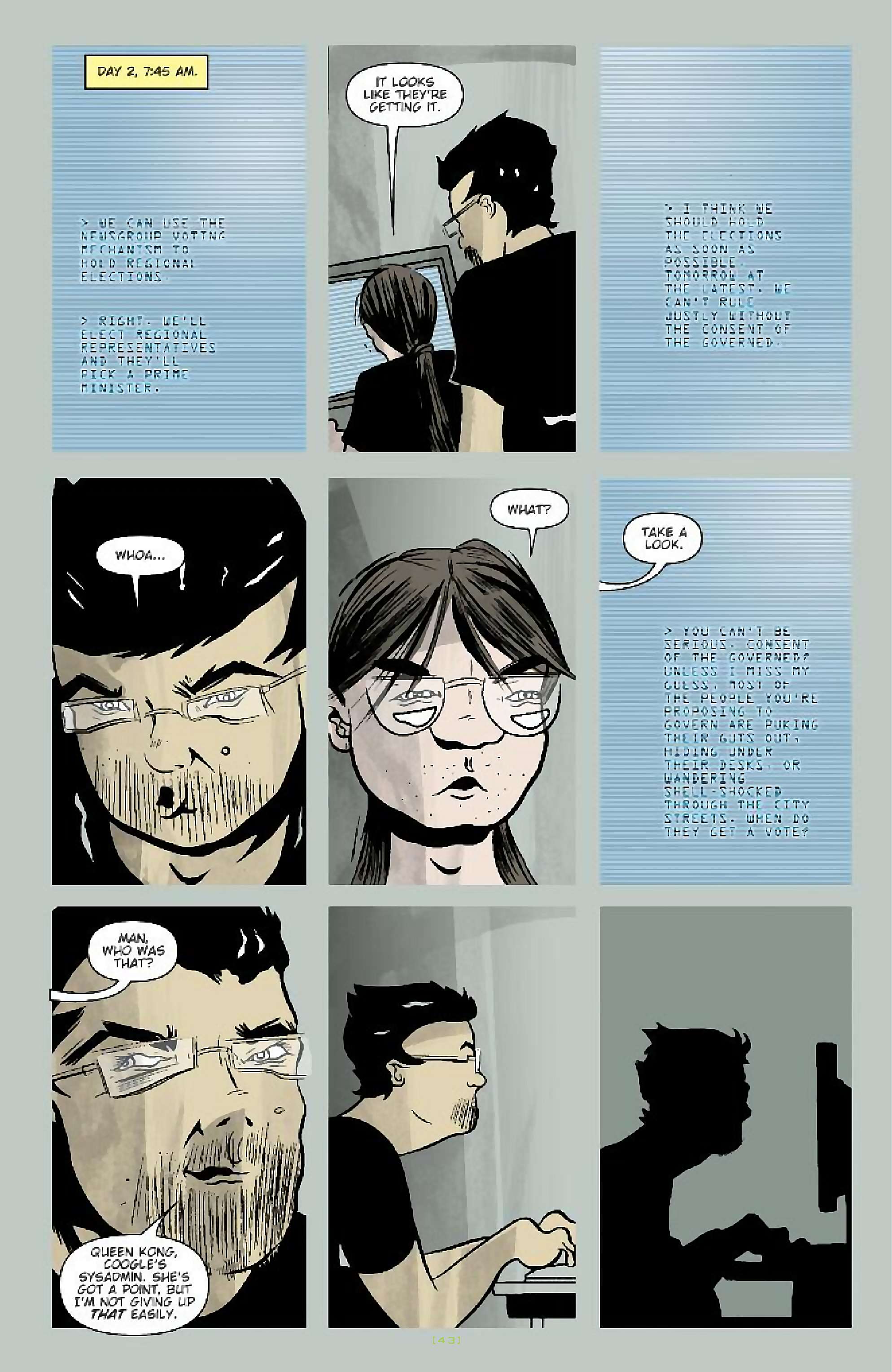 Cory Doctorow's Futuristic Tales of the Here and Now — When Sysadmins Ruled the Earth, page 16. Story by Cory Doctorow. Adapted by J.C. Vaughn, art by Daniel Warner, letters by Robbie Robbins, edited by Tom Waltz. IDW Publishing. CC BY-NC-SA 3.0 US.