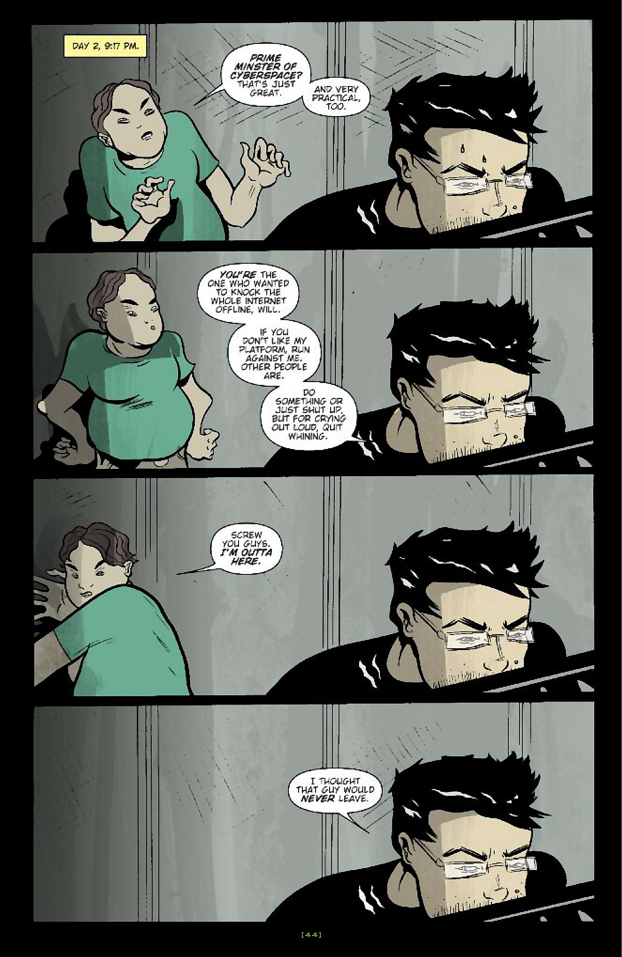 Cory Doctorow's Futuristic Tales of the Here and Now — When Sysadmins Ruled the Earth, page 17. Story by Cory Doctorow. Adapted by J.C. Vaughn, art by Daniel Warner, letters by Robbie Robbins, edited by Tom Waltz. IDW Publishing. CC BY-NC-SA 3.0 US.