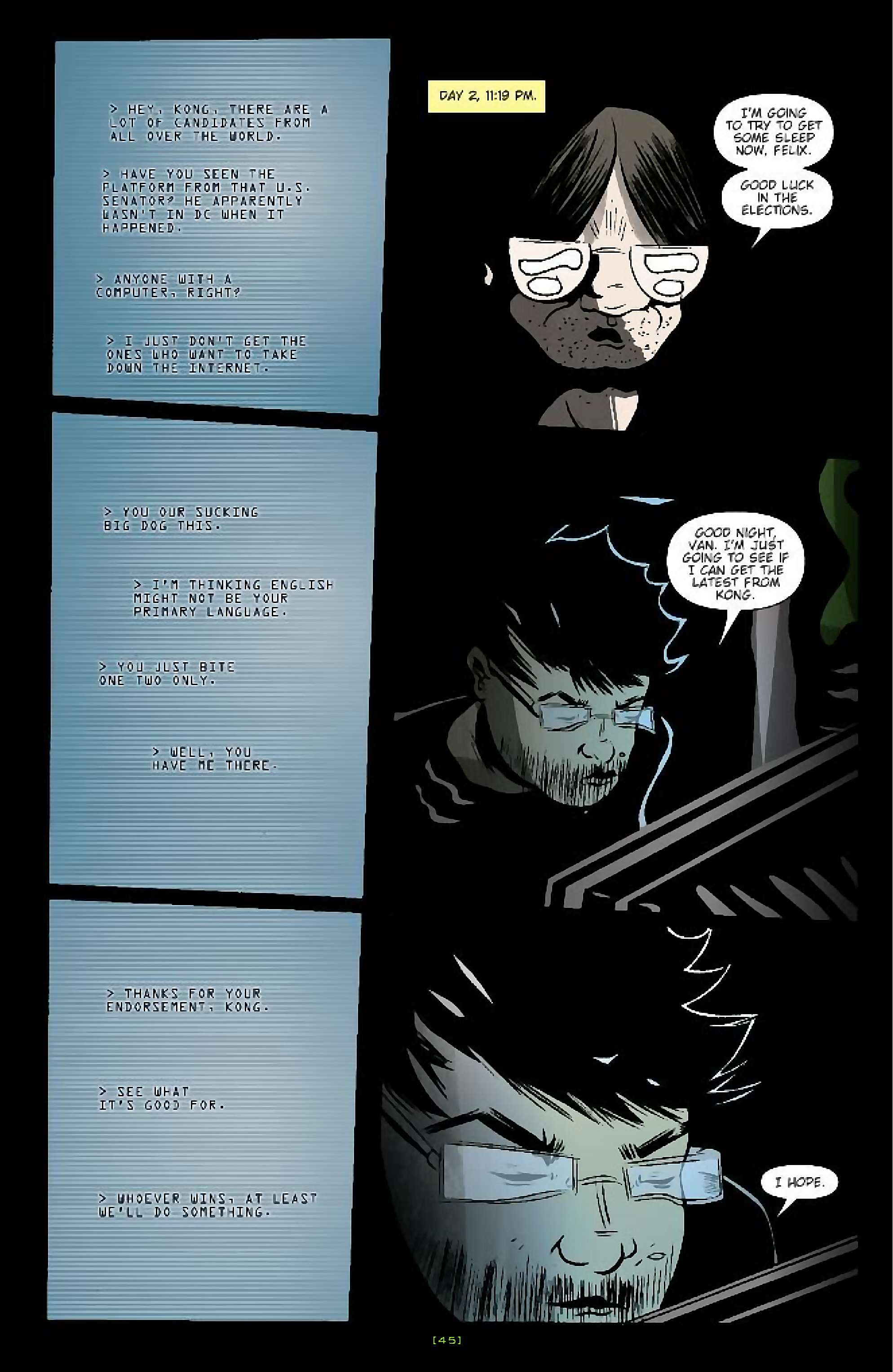 Cory Doctorow's Futuristic Tales of the Here and Now — When Sysadmins Ruled the Earth, page 18. Story by Cory Doctorow. Adapted by J.C. Vaughn, art by Daniel Warner, letters by Robbie Robbins, edited by Tom Waltz. IDW Publishing. CC BY-NC-SA 3.0 US.