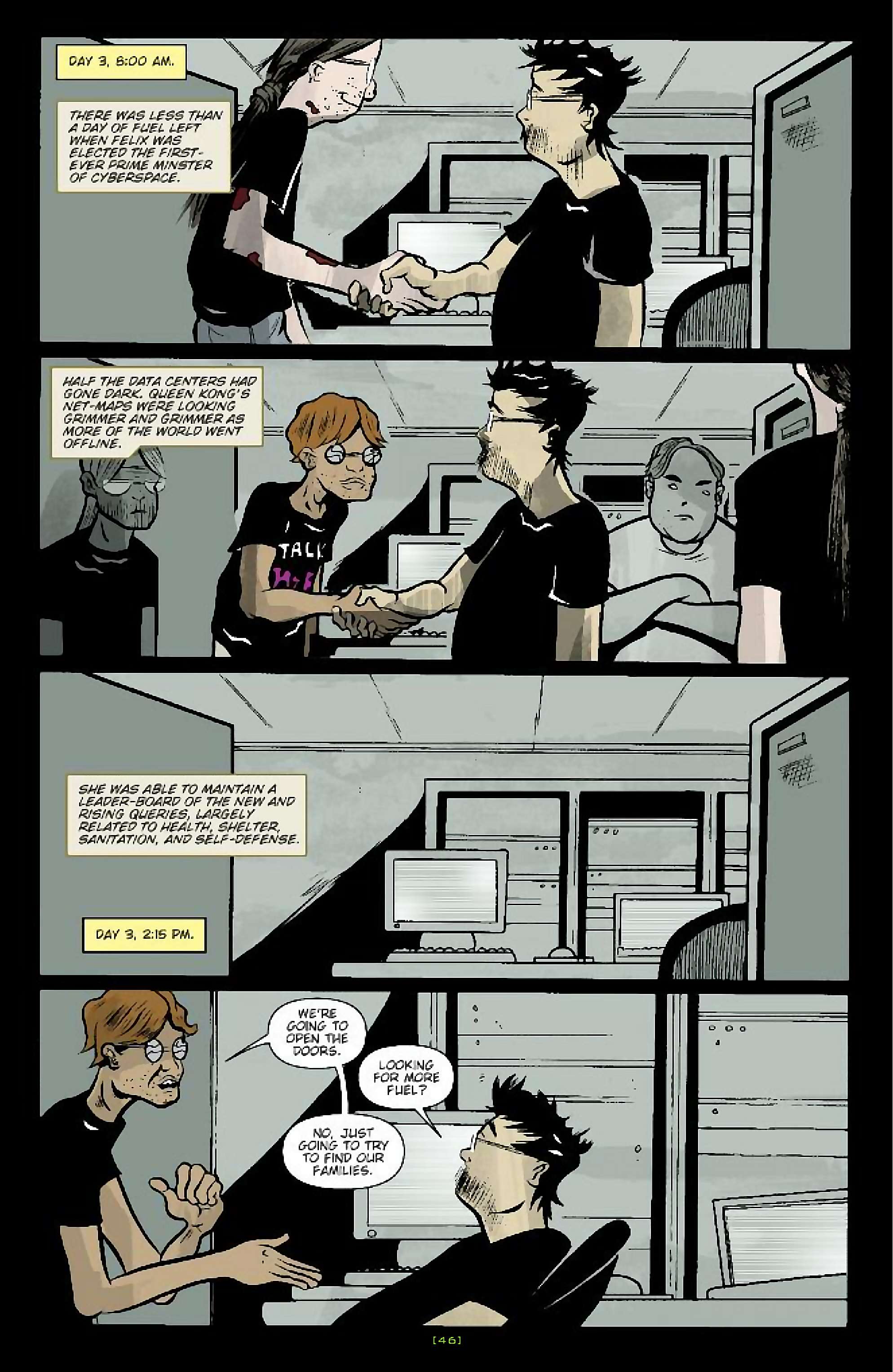 Cory Doctorow's Futuristic Tales of the Here and Now — When Sysadmins Ruled the Earth, page 19. Story by Cory Doctorow. Adapted by J.C. Vaughn, art by Daniel Warner, letters by Robbie Robbins, edited by Tom Waltz. IDW Publishing. CC BY-NC-SA 3.0 US.