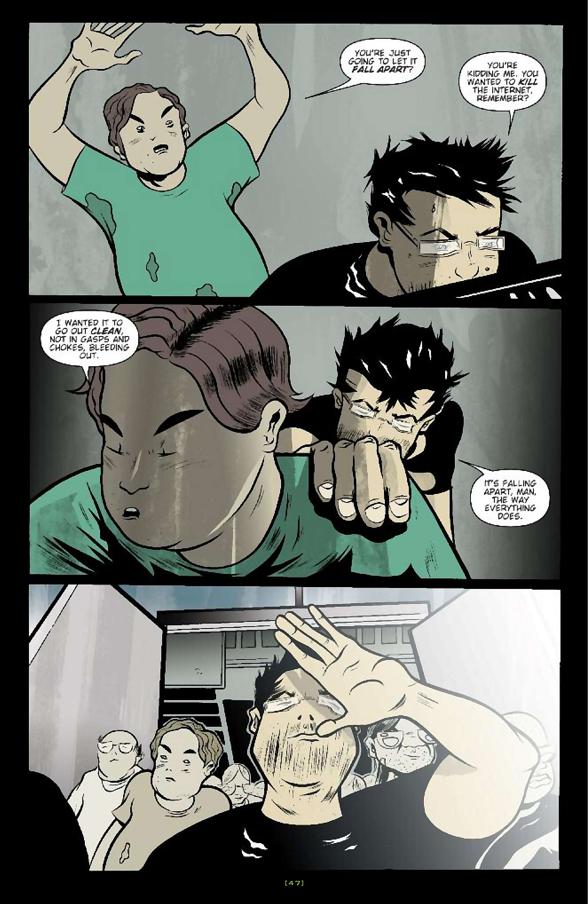 Cory Doctorow's Futuristic Tales of the Here and Now — When Sysadmins Ruled the Earth, page 20. Story by Cory Doctorow. Adapted by J.C. Vaughn, art by Daniel Warner, letters by Robbie Robbins, edited by Tom Waltz. IDW Publishing. CC BY-NC-SA 3.0 US.