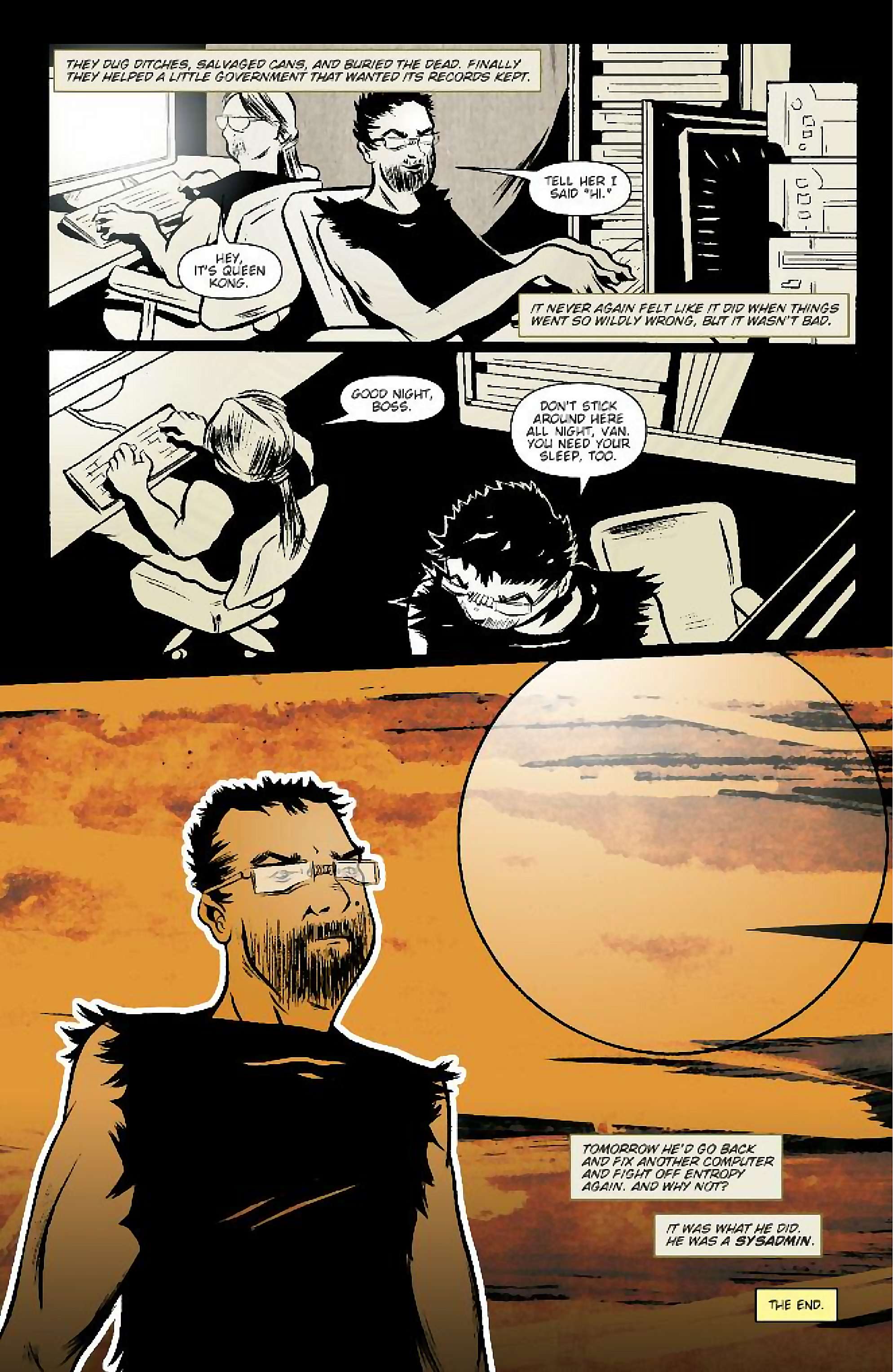 Cory Doctorow's Futuristic Tales of the Here and Now — When Sysadmins Ruled the Earth, page 23. Story by Cory Doctorow. Adapted by J.C. Vaughn, art by Daniel Warner, letters by Robbie Robbins, edited by Tom Waltz. IDW Publishing. CC BY-NC-SA 3.0 US.