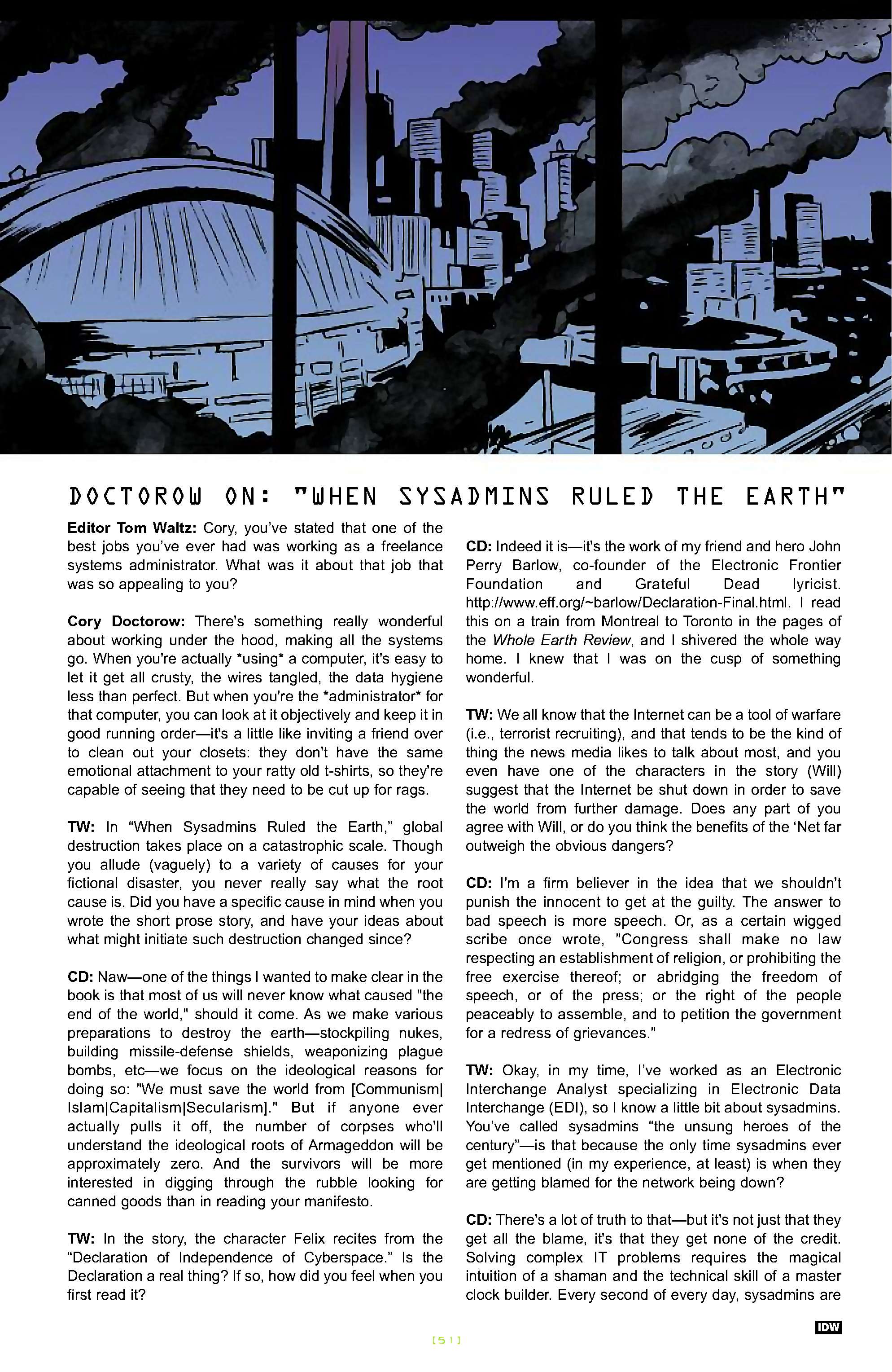 Cory Doctorow's Futuristic Tales of the Here and Now — When Sysadmins Ruled the Earth, page 24. Story by Cory Doctorow. Adapted by J.C. Vaughn, art by Daniel Warner, letters by Robbie Robbins, edited by Tom Waltz. IDW Publishing. CC BY-NC-SA 3.0 US.