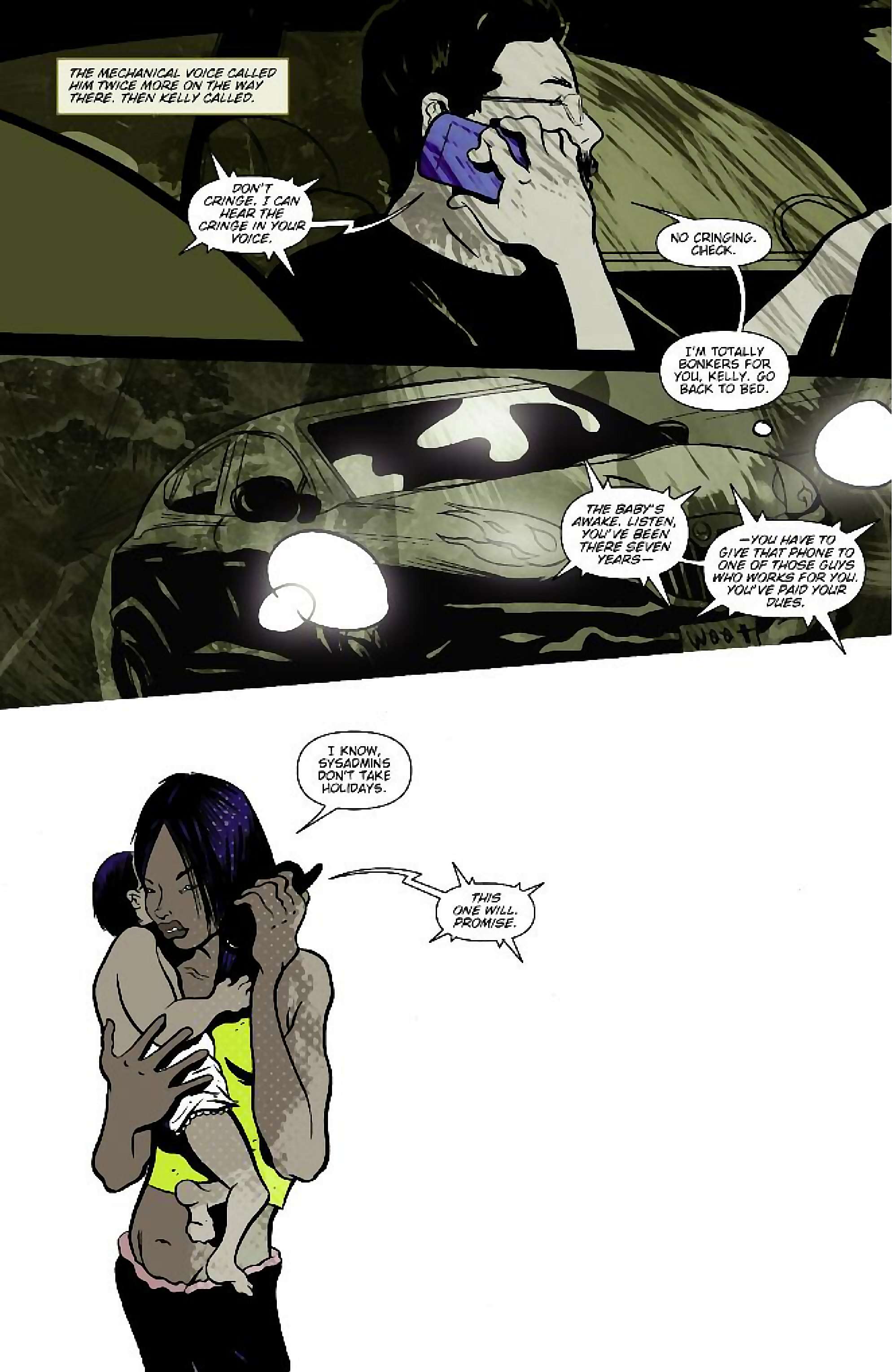 Cory Doctorow's Futuristic Tales of the Here and Now — When Sysadmins Ruled the Earth, page 5. Story by Cory Doctorow. Adapted by J.C. Vaughn, art by Daniel Warner, letters by Robbie Robbins, edited by Tom Waltz. IDW Publishing. CC BY-NC-SA 3.0 US.
