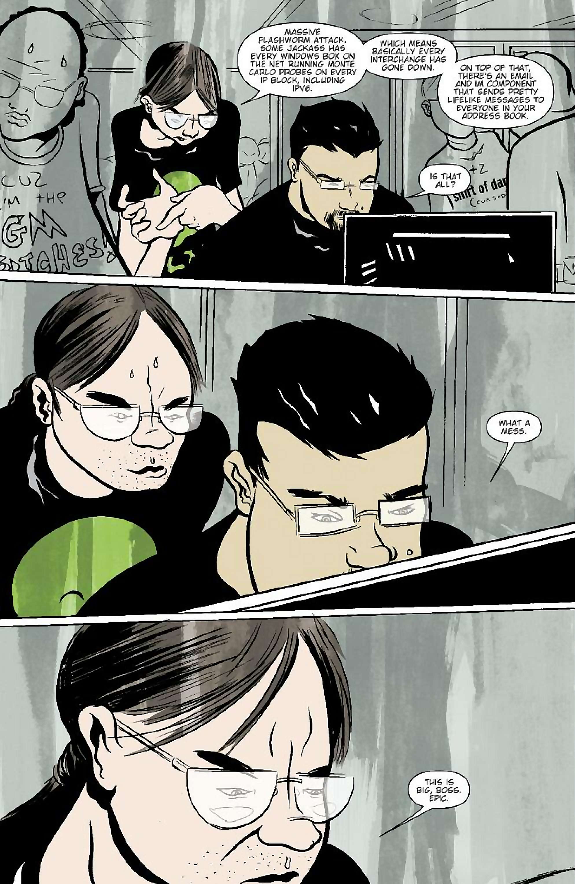 Cory Doctorow's Futuristic Tales of the Here and Now — When Sysadmins Ruled the Earth, page 7. Story by Cory Doctorow. Adapted by J.C. Vaughn, art by Daniel Warner, letters by Robbie Robbins, edited by Tom Waltz. IDW Publishing. CC BY-NC-SA 3.0 US.