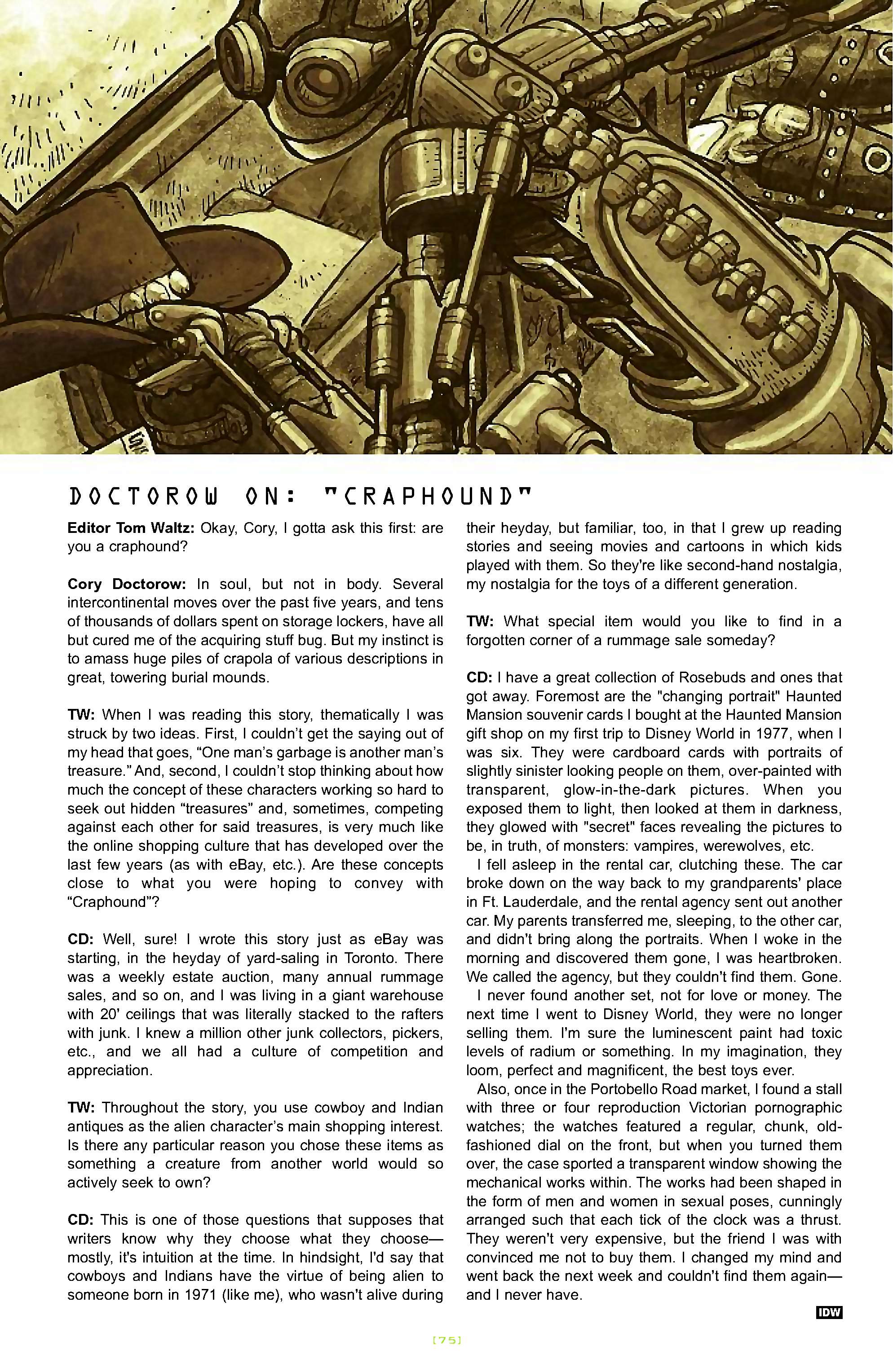 Cory Doctorow's Futuristic Tales of the Here and Now — Craphound, page 24. Story by Cory Doctorow. Adapted by Dara Naraghi, art by Paul McCaffrey, letters by Robbie Robbins, edited by Tom Waltz. IDW Publishing. CC BY-NC-SA 3.0 US.
