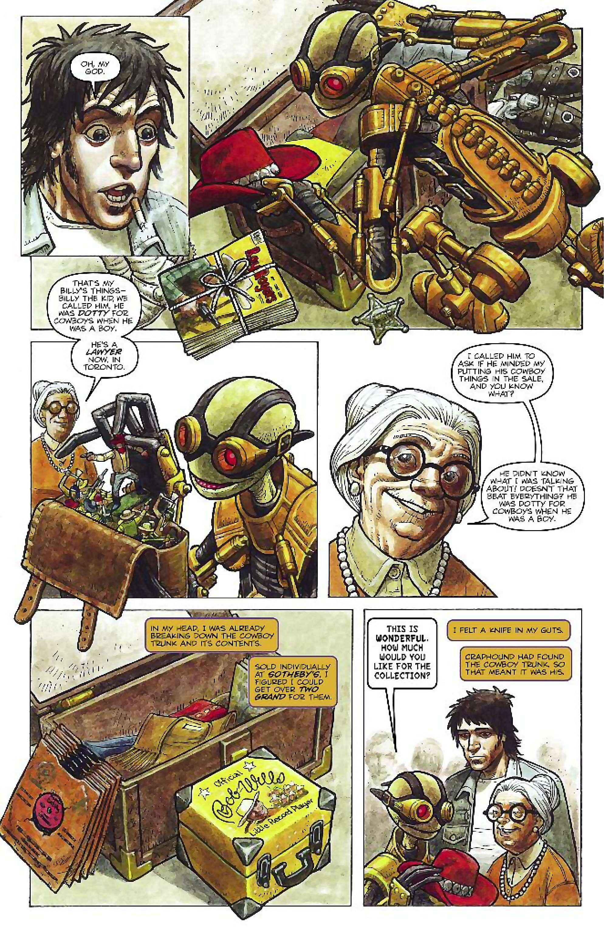 Cory Doctorow's Futuristic Tales of the Here and Now — Craphound, page 5. Story by Cory Doctorow. Adapted by Dara Naraghi, art by Paul McCaffrey, letters by Robbie Robbins, edited by Tom Waltz. IDW Publishing. CC BY-NC-SA 3.0 US.