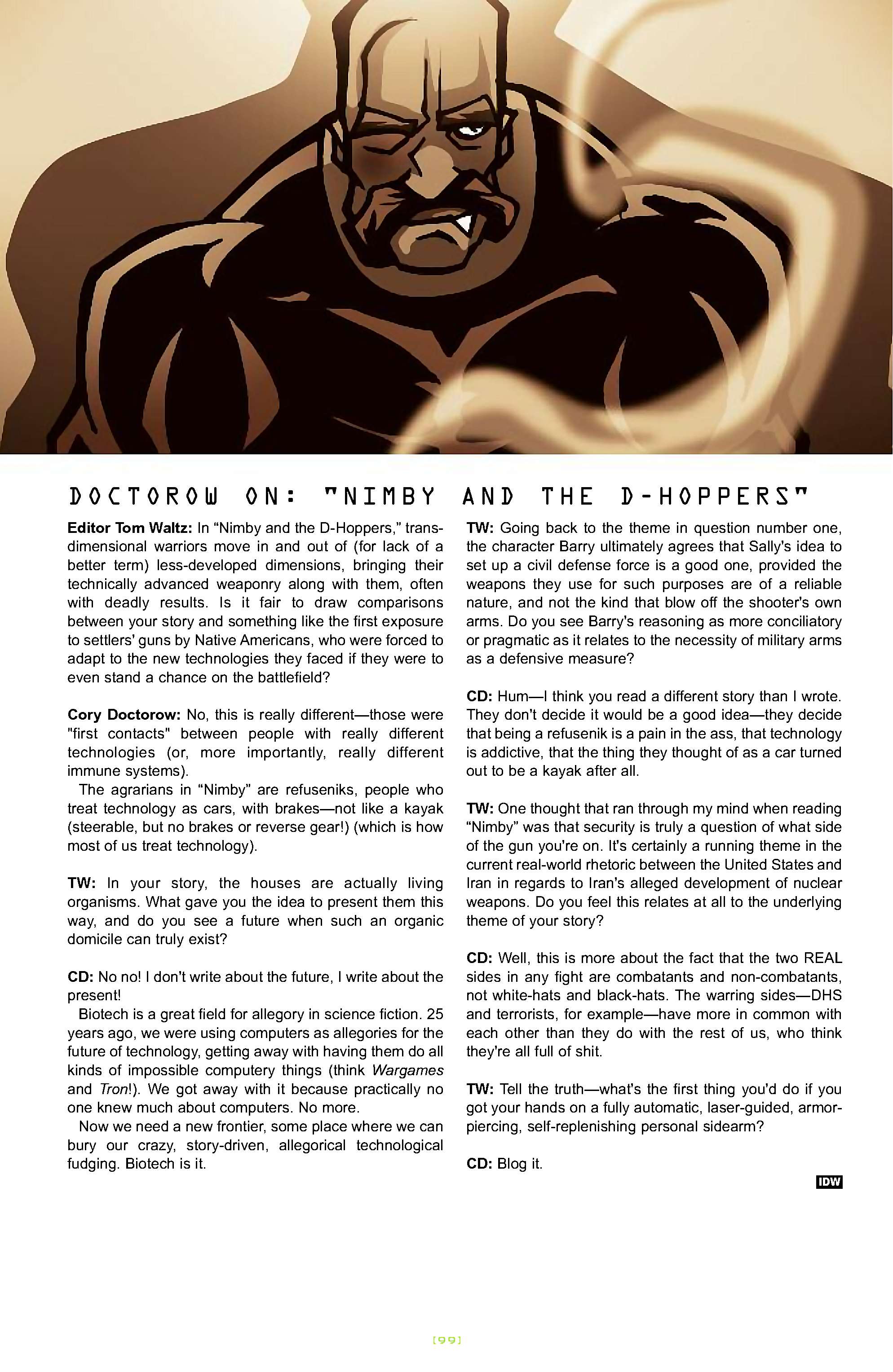 Cory Doctorow's Futuristic Tales of the Here and Now — Nimby and the D-Hoppers, page 24. Story by Cory Doctorow. Adapted by Dan Taylor, art by Dustin Evans, letters by Robbie Robbins, edited by Tom Waltz. IDW Publishing. CC BY-NC-SA 3.0 US.