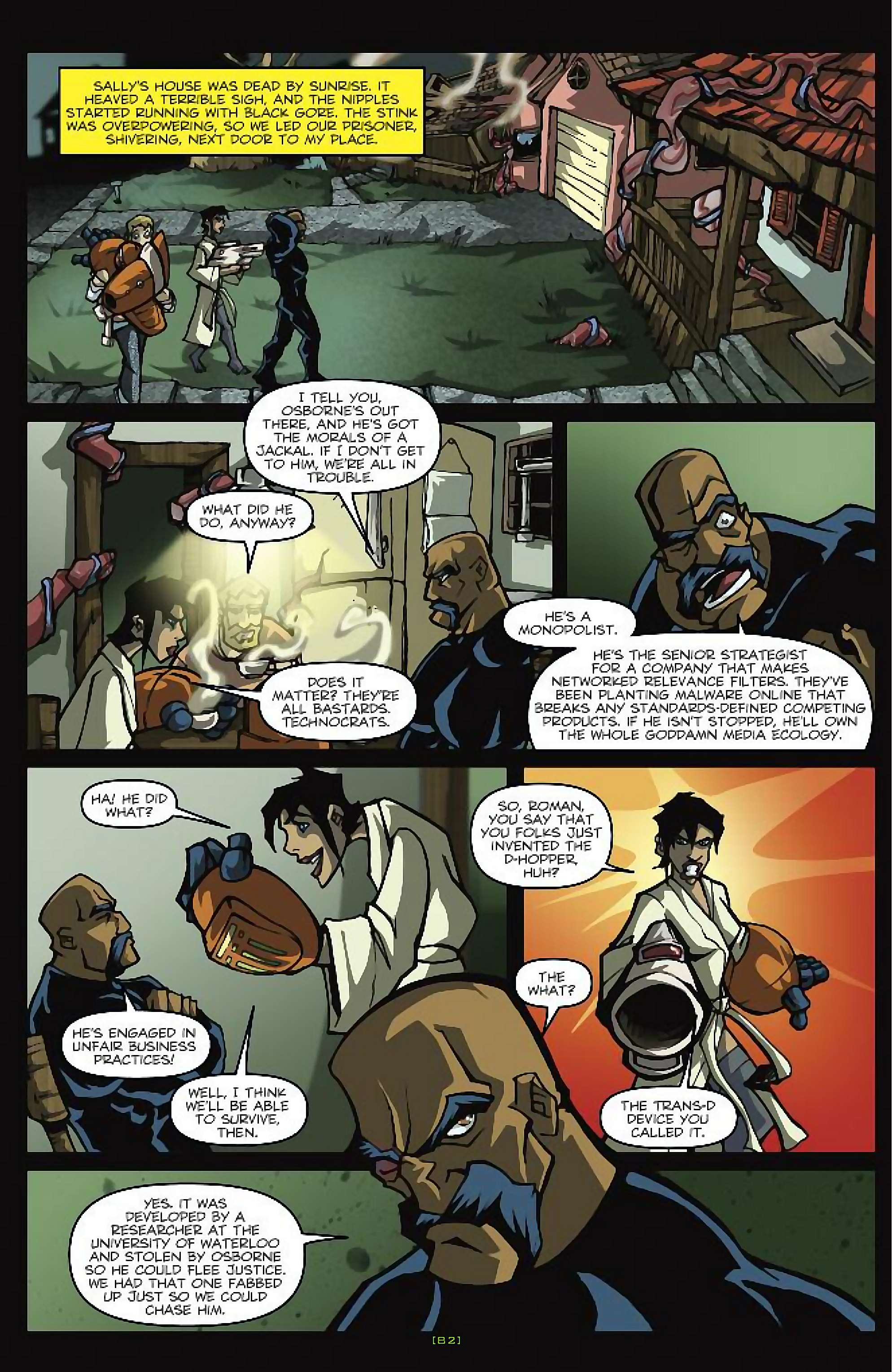 Cory Doctorow's Futuristic Tales of the Here and Now — Nimby and the D-Hoppers, page 7. Story by Cory Doctorow. Adapted by Dan Taylor, art by Dustin Evans, letters by Robbie Robbins, edited by Tom Waltz. IDW Publishing. CC BY-NC-SA 3.0 US.