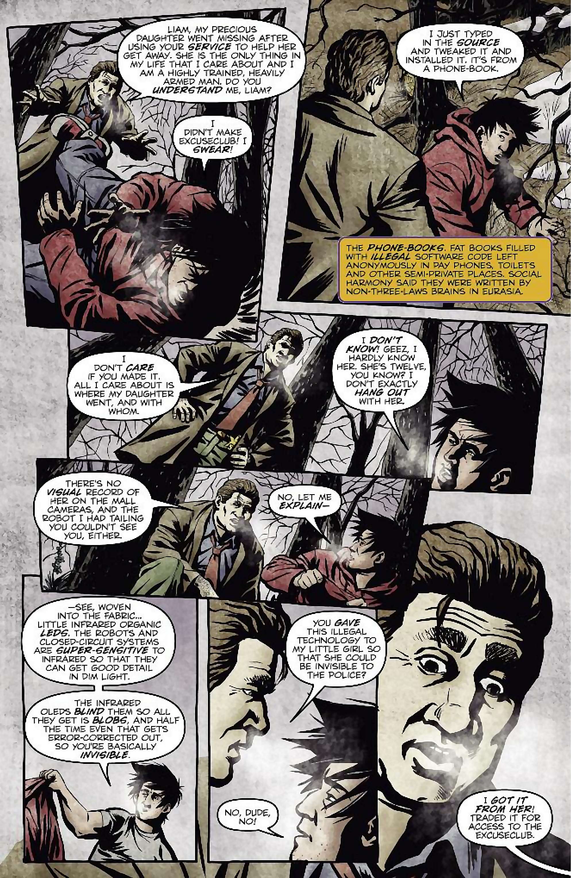 Cory Doctorow's Futuristic Tales of the Here and Now — I, Robot, page 12. Story by Cory Doctorow. Adapted by Dara Naraghi, art by Erich Owen, letters by Chris Mowry, edited by Tom Waltz. IDW Publishing. CC BY-NC-SA 3.0 US.