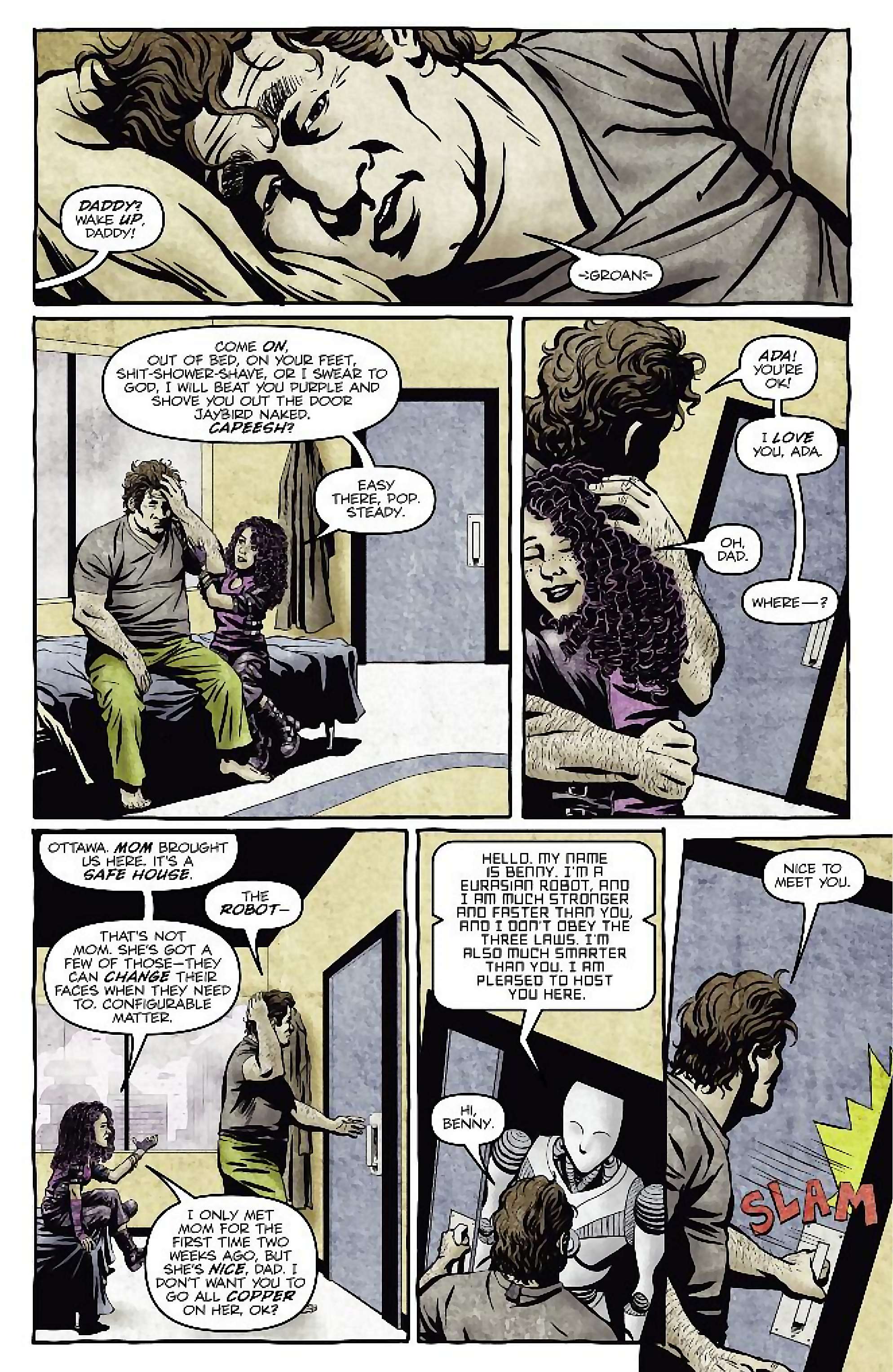 Cory Doctorow's Futuristic Tales of the Here and Now — I, Robot, page 14. Story by Cory Doctorow. Adapted by Dara Naraghi, art by Erich Owen, letters by Chris Mowry, edited by Tom Waltz. IDW Publishing. CC BY-NC-SA 3.0 US.
