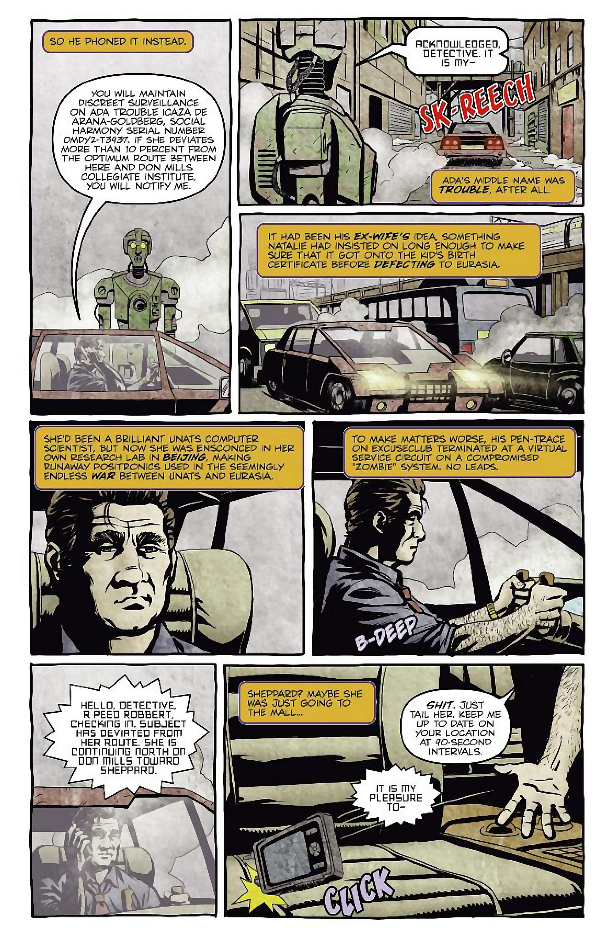 Cory Doctorow's Futuristic Tales of the Here and Now — I, Robot, page 4. Story by Cory Doctorow. Adapted by Dara Naraghi, art by Erich Owen, letters by Chris Mowry, edited by Tom Waltz. IDW Publishing. CC BY-NC-SA 3.0 US.