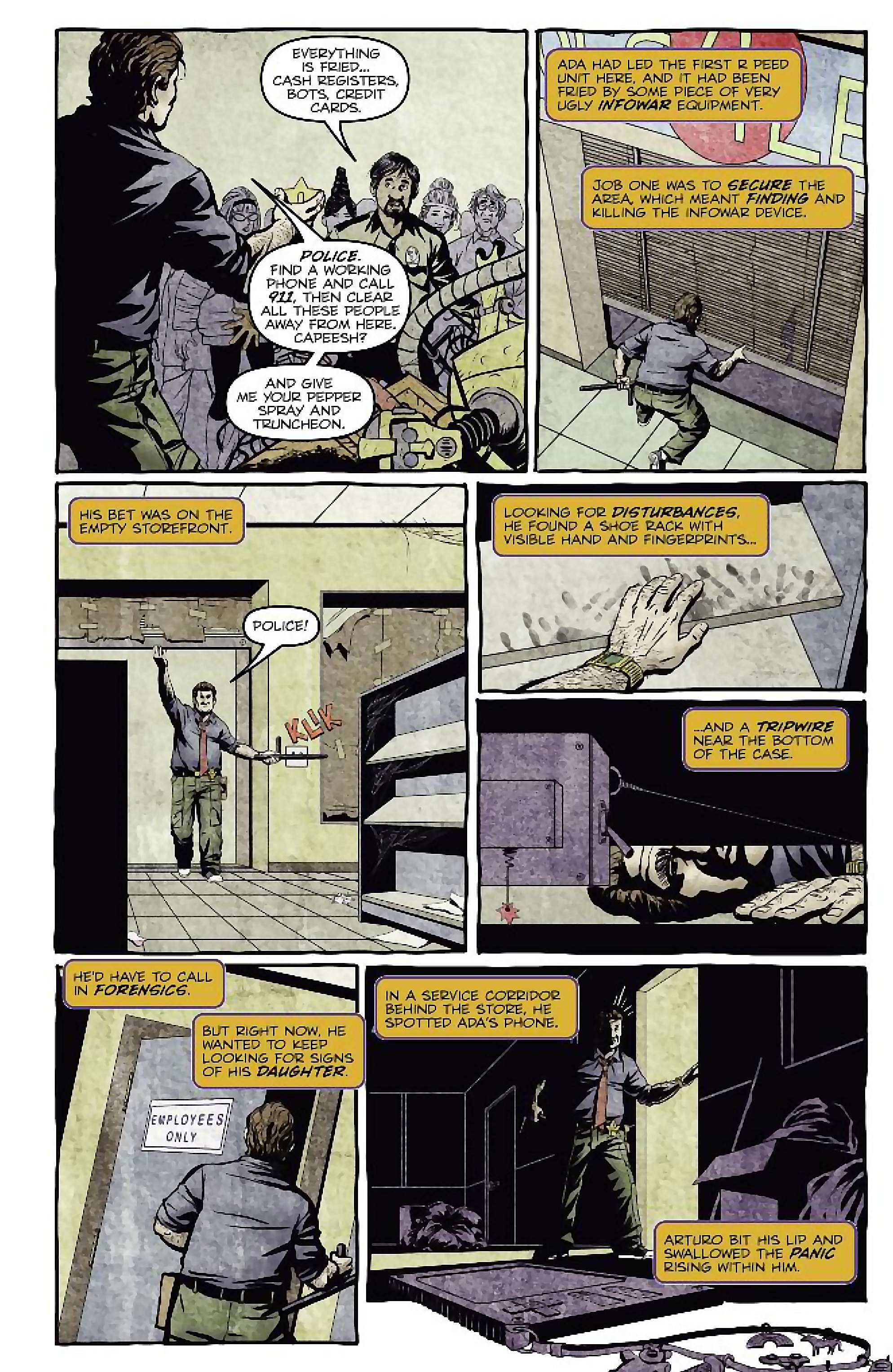 Cory Doctorow's Futuristic Tales of the Here and Now — I, Robot, page 8. Story by Cory Doctorow. Adapted by Dara Naraghi, art by Erich Owen, letters by Chris Mowry, edited by Tom Waltz. IDW Publishing. CC BY-NC-SA 3.0 US.