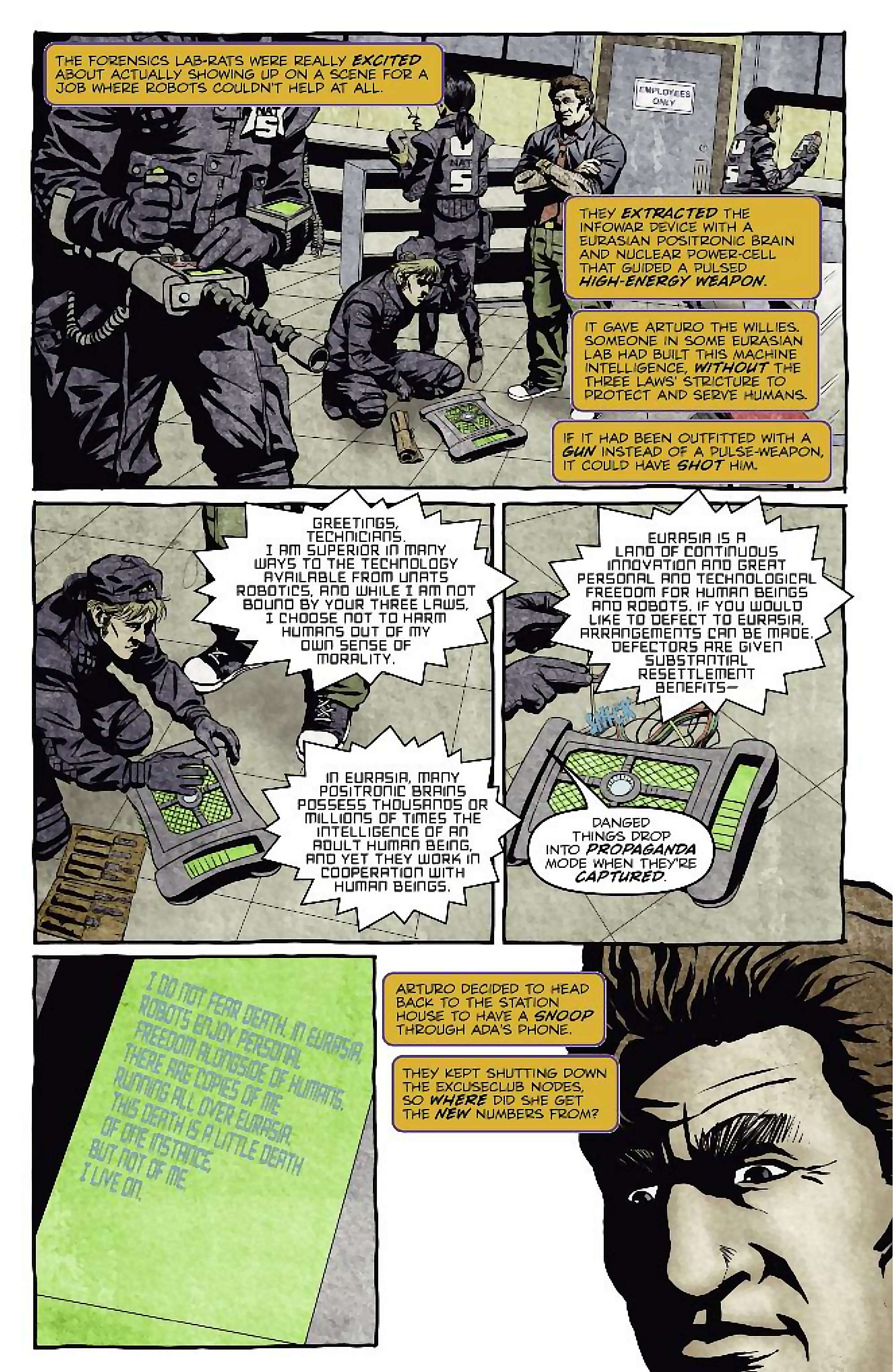 Cory Doctorow's Futuristic Tales of the Here and Now — I, Robot, page 9. Story by Cory Doctorow. Adapted by Dara Naraghi, art by Erich Owen, letters by Chris Mowry, edited by Tom Waltz. IDW Publishing. CC BY-NC-SA 3.0 US.