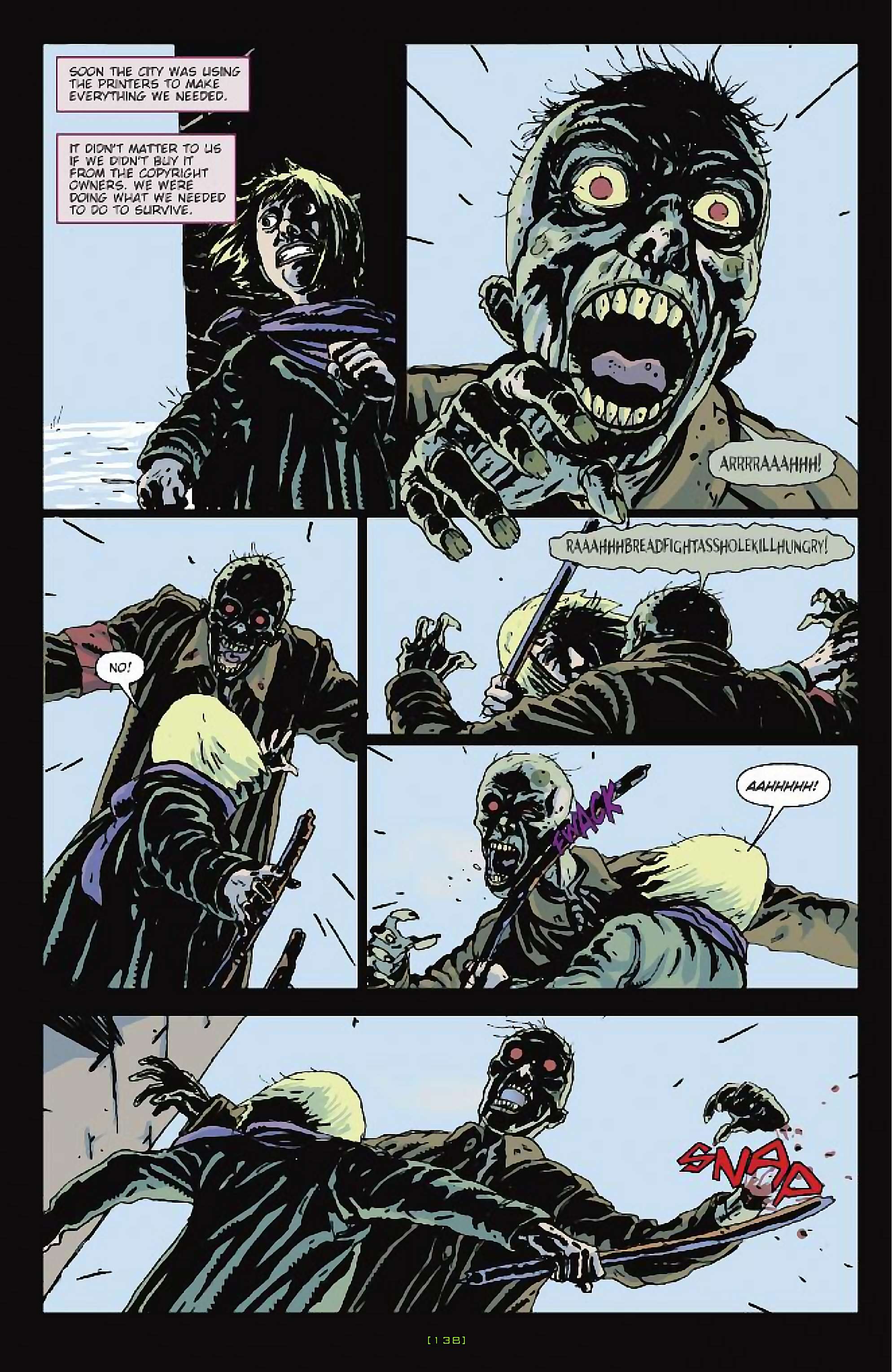 Cory Doctorow's Futuristic Tales of the Here and Now — After the Siege, page 13. Story by Cory Doctorow. Adapted by James Anthony Kuhoric, art by Guiu Vilanova, colors by German Torres, letters by Neil Uyetake, edited by Tom Waltz. IDW Publishing. CC BY-NC-SA 3.0 US.