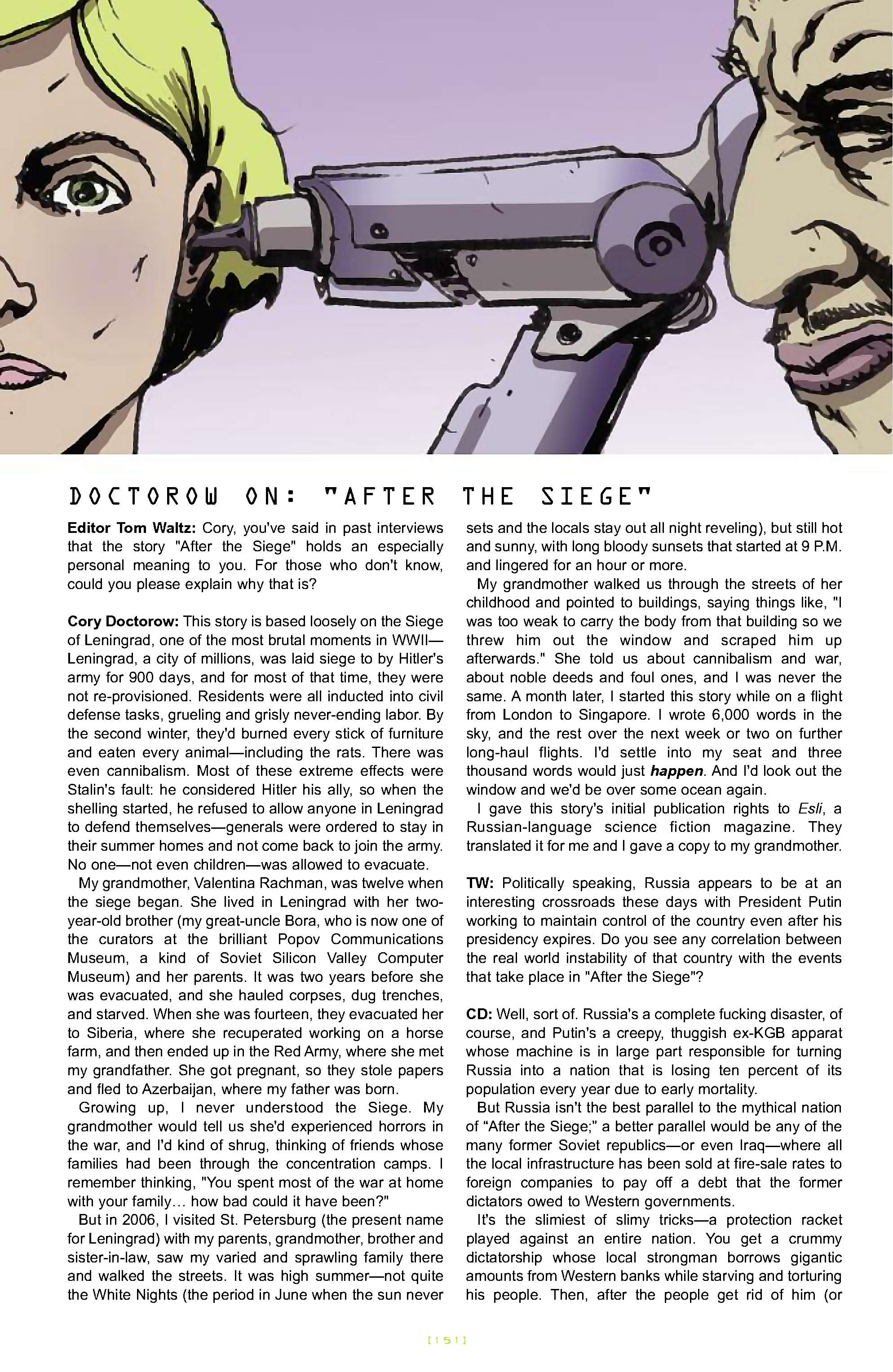 Cory Doctorow's Futuristic Tales of the Here and Now — After the Siege, page 26. Story by Cory Doctorow. Adapted by James Anthony Kuhoric, art by Guiu Vilanova, colors by German Torres, letters by Neil Uyetake, edited by Tom Waltz. IDW Publishing. CC BY-NC-SA 3.0 US.