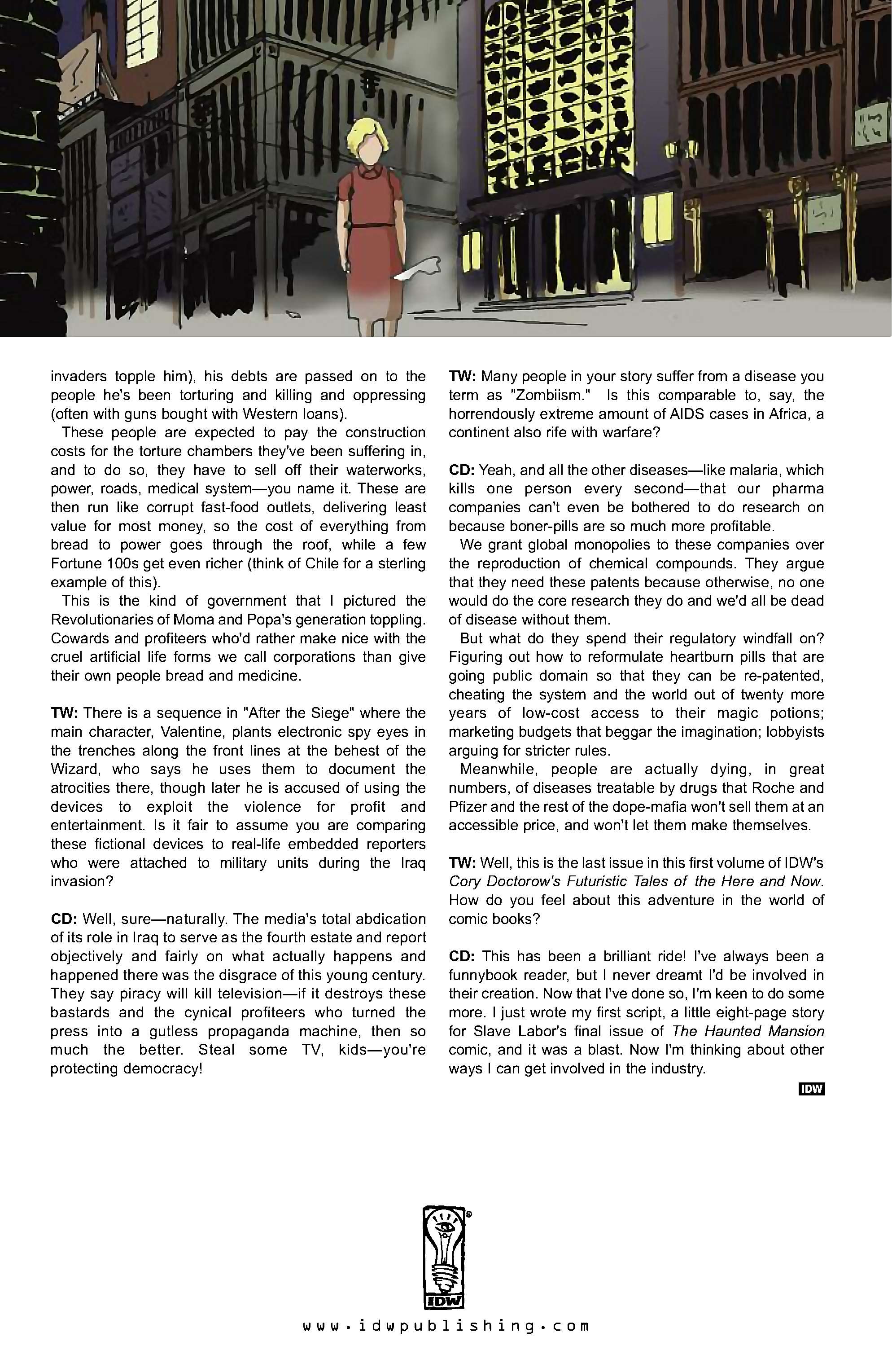 Cory Doctorow's Futuristic Tales of the Here and Now — After the Siege, page 27. Story by Cory Doctorow. Adapted by James Anthony Kuhoric, art by Guiu Vilanova, colors by German Torres, letters by Neil Uyetake, edited by Tom Waltz. IDW Publishing. CC BY-NC-SA 3.0 US.