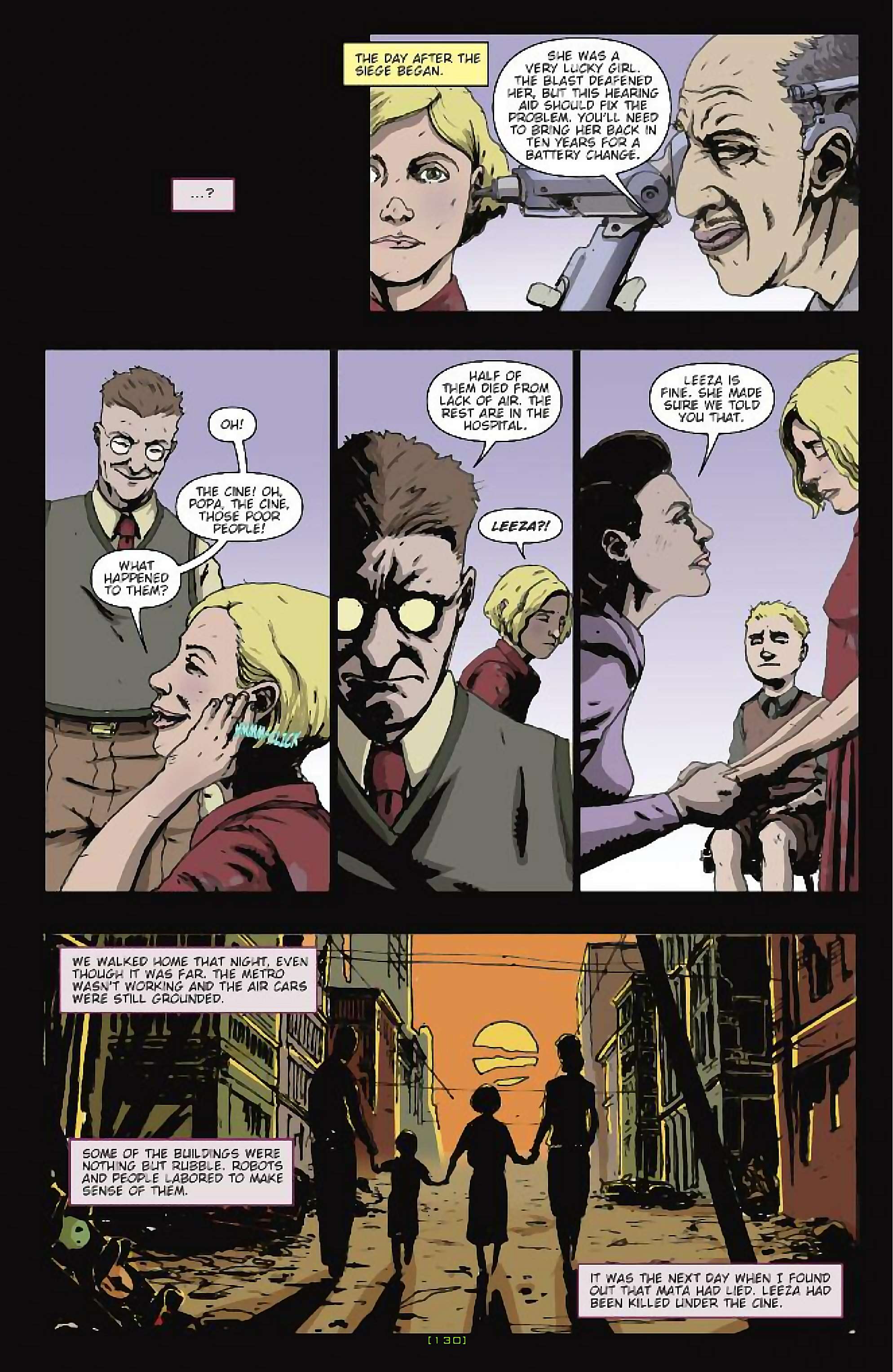 Cory Doctorow's Futuristic Tales of the Here and Now — After the Siege, page 5. Story by Cory Doctorow. Adapted by James Anthony Kuhoric, art by Guiu Vilanova, colors by German Torres, letters by Neil Uyetake, edited by Tom Waltz. IDW Publishing. CC BY-NC-SA 3.0 US.