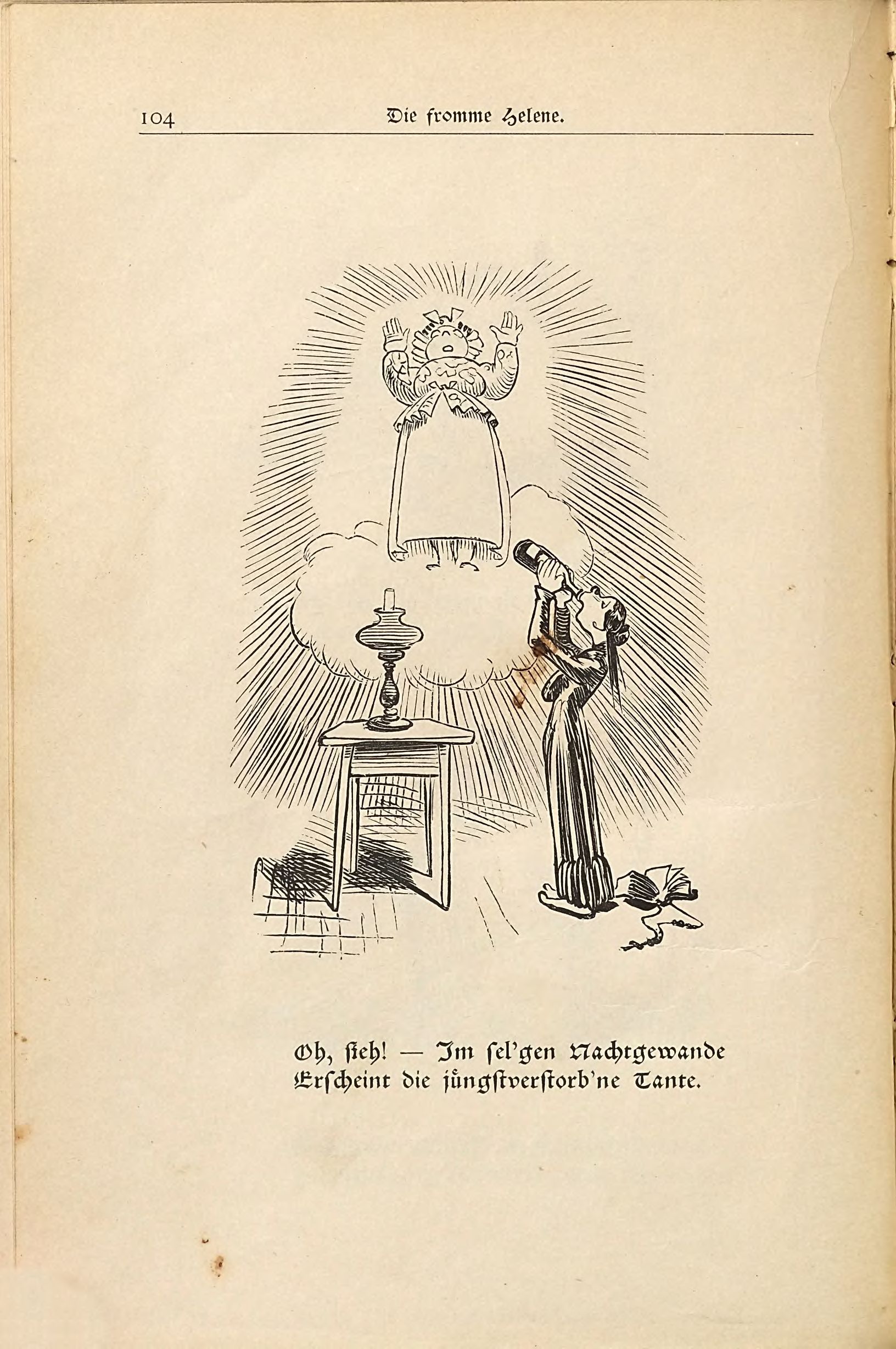 Die fromme Helene (Wilhelm Busch, 1882), Seite 104. Public domain. Bayerische Staatsbibliothek / Internet Archive.