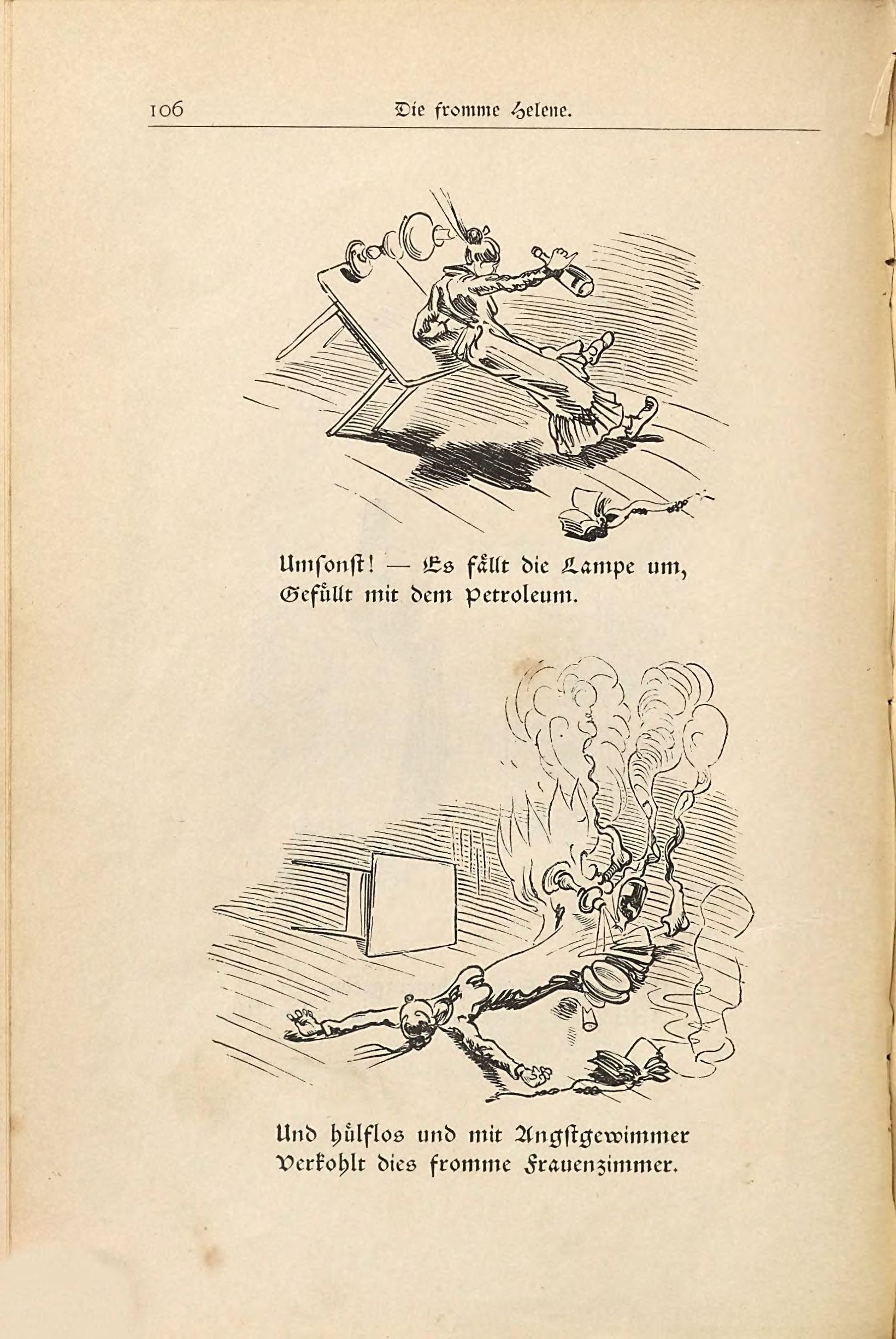 Die fromme Helene (Wilhelm Busch, 1882), Seite 106. Public domain. Bayerische Staatsbibliothek / Internet Archive.