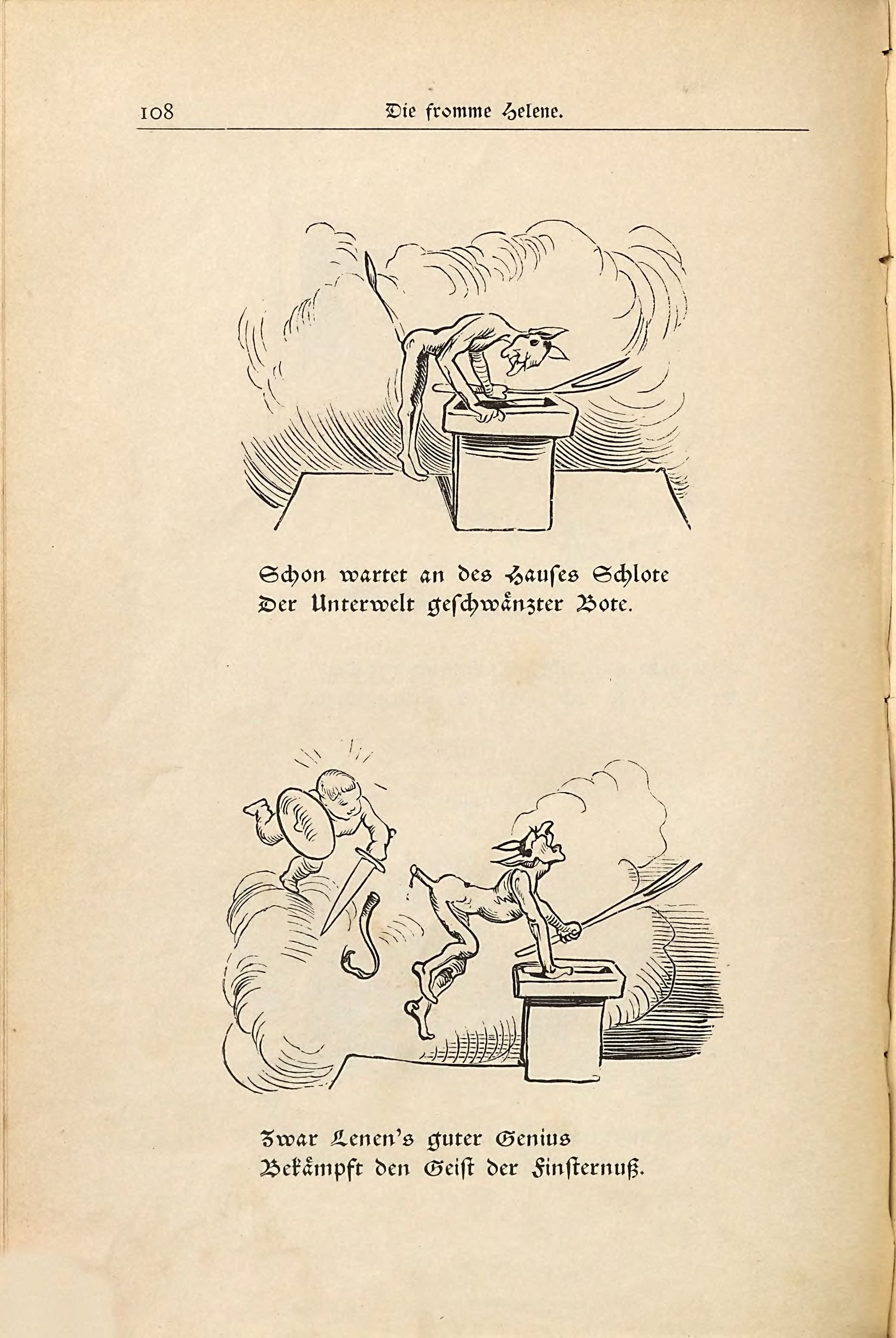 Die fromme Helene (Wilhelm Busch, 1882), Seite 108. Public domain. Bayerische Staatsbibliothek / Internet Archive.