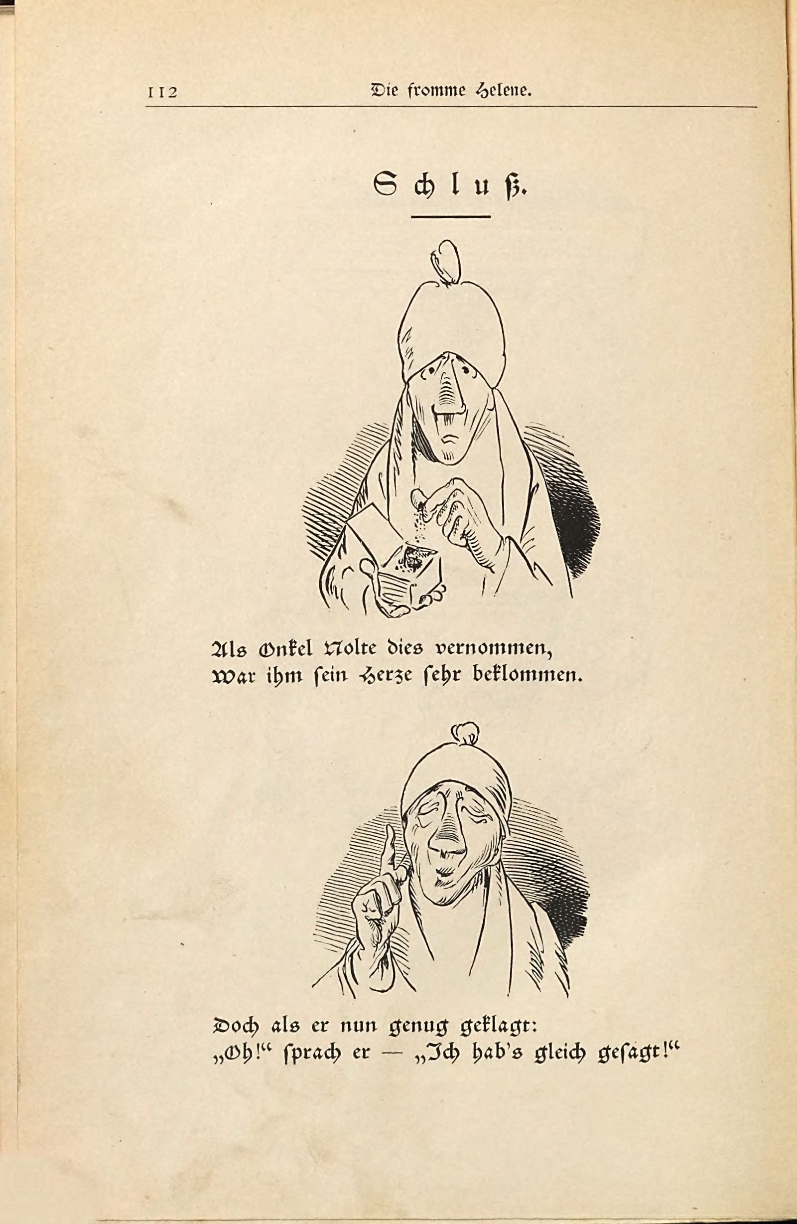 Die fromme Helene (Wilhelm Busch, 1882), Seite 112. Public domain. Bayerische Staatsbibliothek / Internet Archive.
