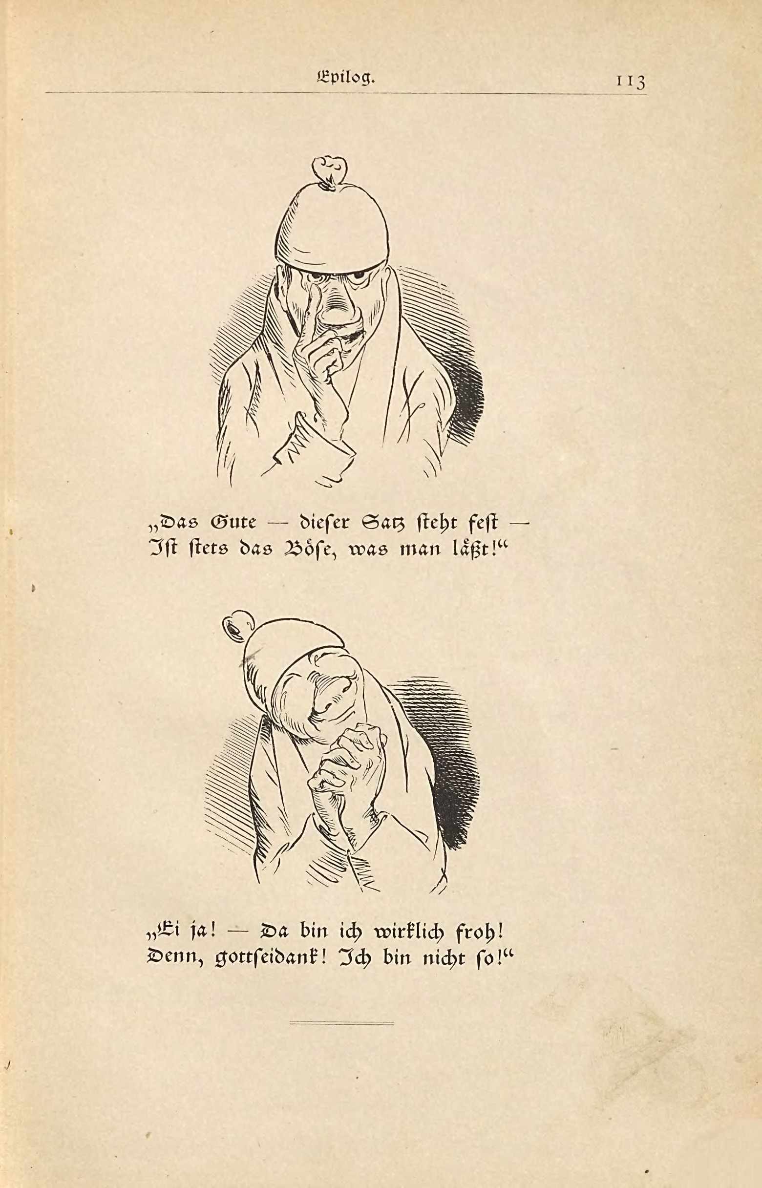 Die fromme Helene (Wilhelm Busch, 1882), Seite 113. Public domain. Bayerische Staatsbibliothek / Internet Archive.