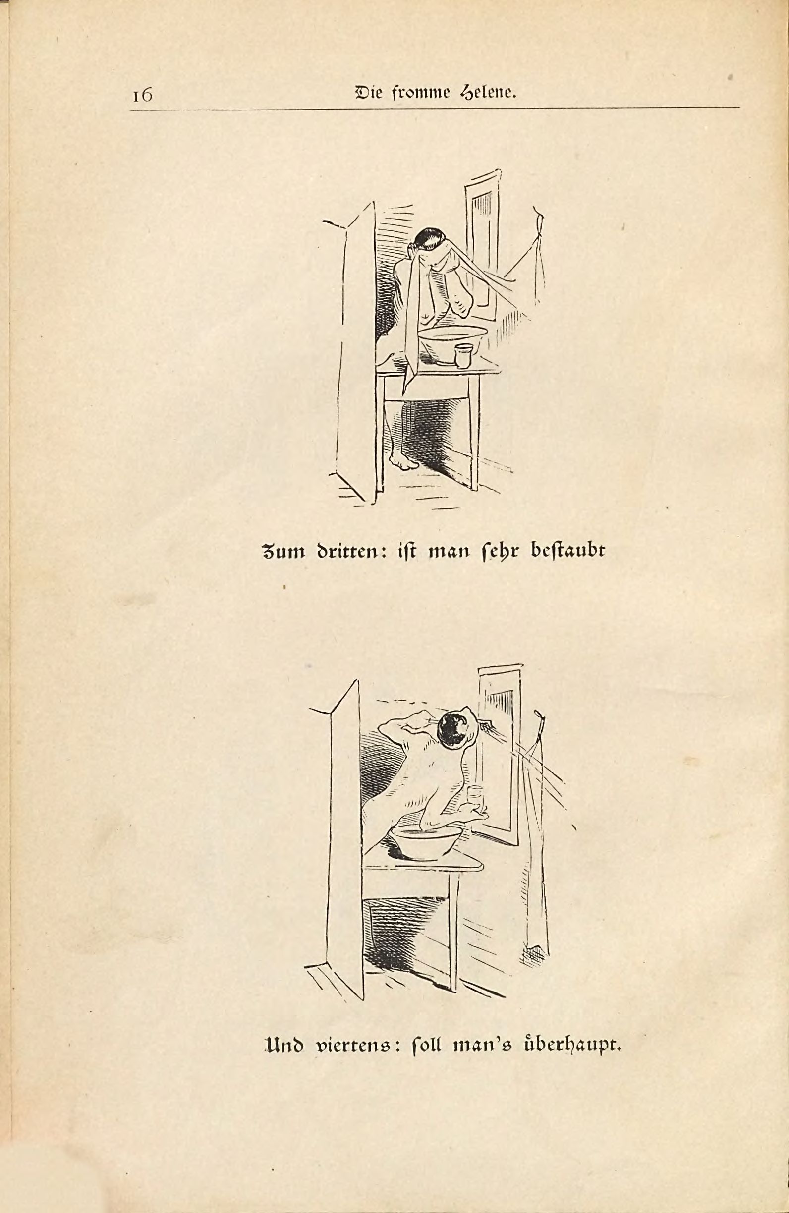 Die fromme Helene (Wilhelm Busch, 1882), Seite 16. Public domain. Bayerische Staatsbibliothek / Internet Archive.