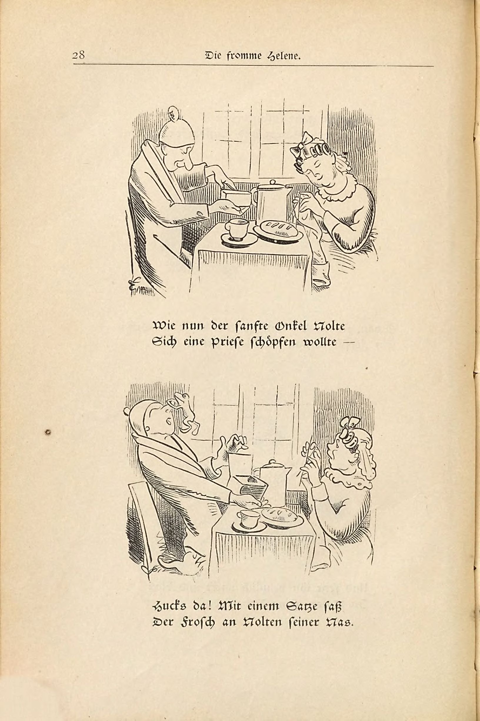 Die fromme Helene (Wilhelm Busch, 1882), Seite 28. Public domain. Bayerische Staatsbibliothek / Internet Archive.