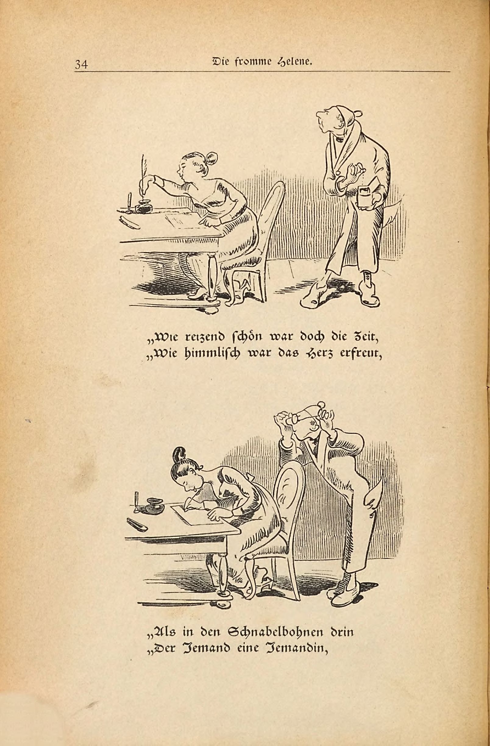 Die fromme Helene (Wilhelm Busch, 1882), Seite 34. Public domain. Bayerische Staatsbibliothek / Internet Archive.