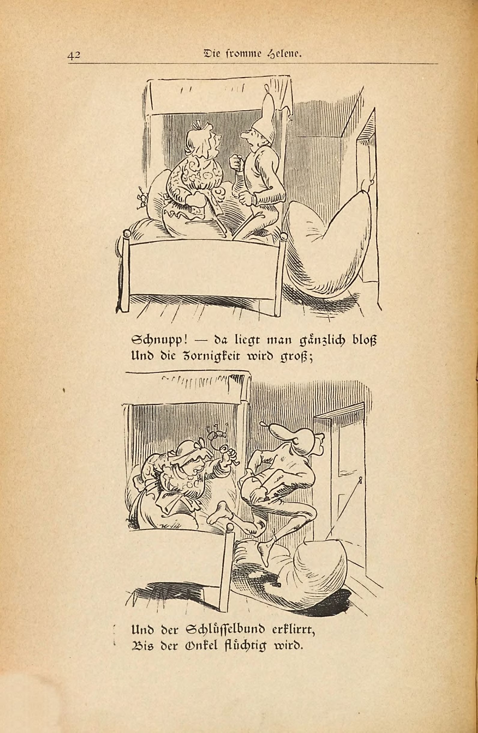 Die fromme Helene (Wilhelm Busch, 1882), Seite 42. Public domain. Bayerische Staatsbibliothek / Internet Archive.