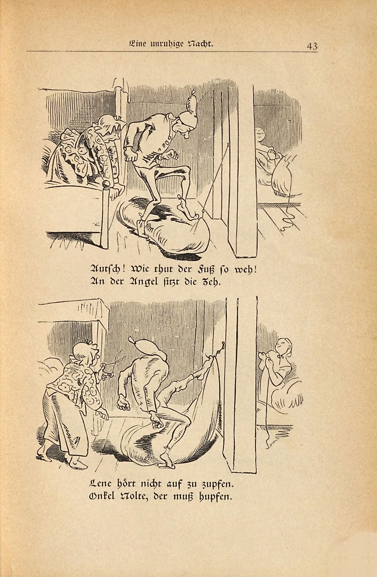 Die fromme Helene (Wilhelm Busch, 1882), Seite 43. Public domain. Bayerische Staatsbibliothek / Internet Archive.