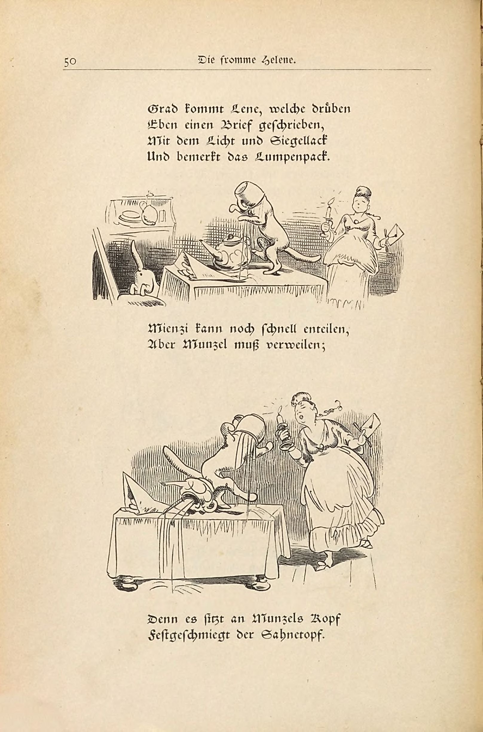 Die fromme Helene (Wilhelm Busch, 1882), Seite 50. Public domain. Bayerische Staatsbibliothek / Internet Archive.