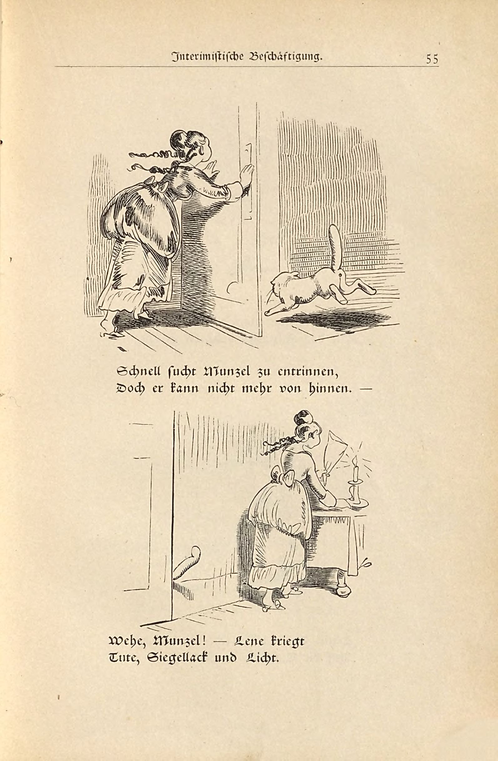 Die fromme Helene (Wilhelm Busch, 1882), Seite 55. Public domain. Bayerische Staatsbibliothek / Internet Archive.