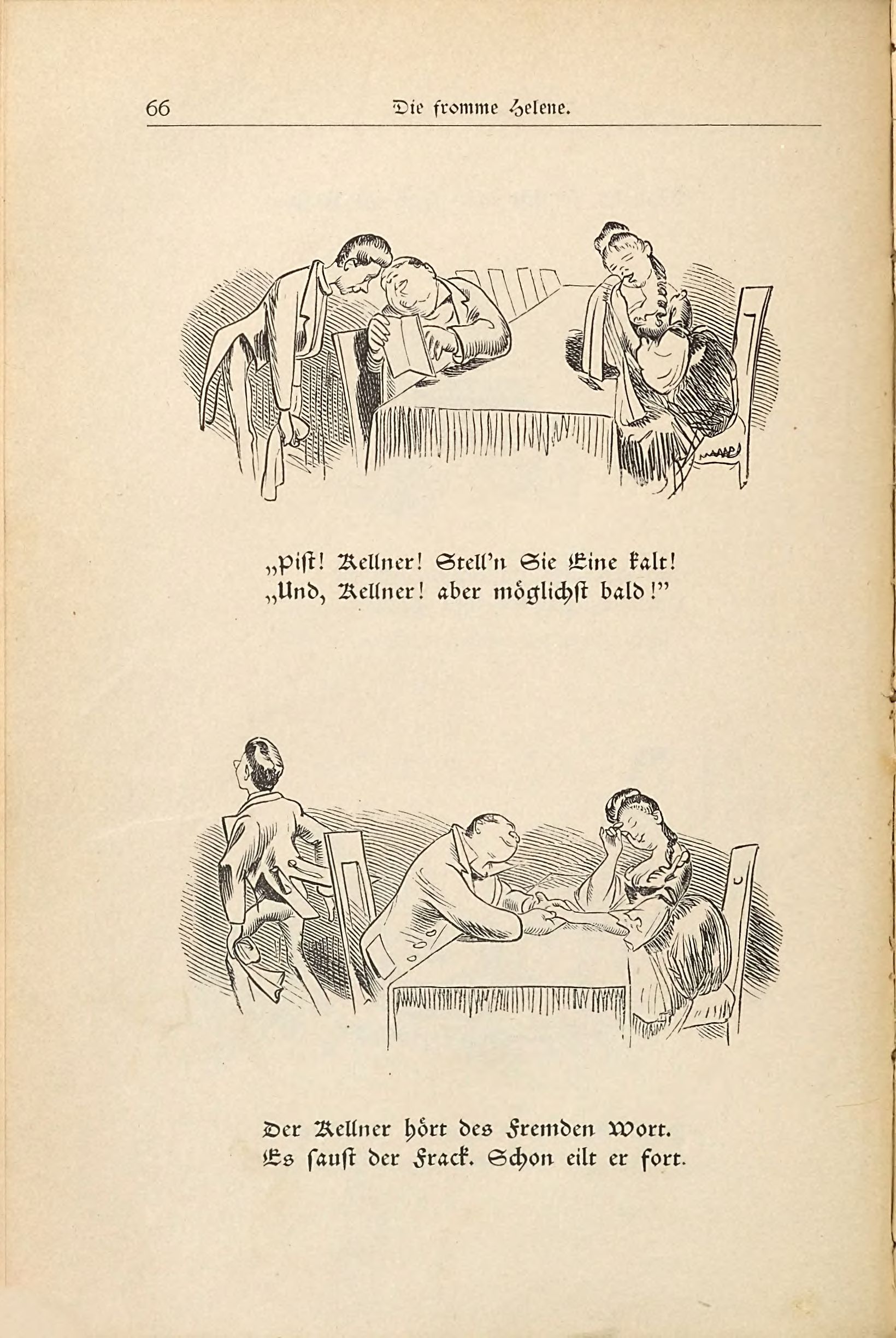 Die fromme Helene (Wilhelm Busch, 1882), Seite 66. Public domain. Bayerische Staatsbibliothek / Internet Archive.