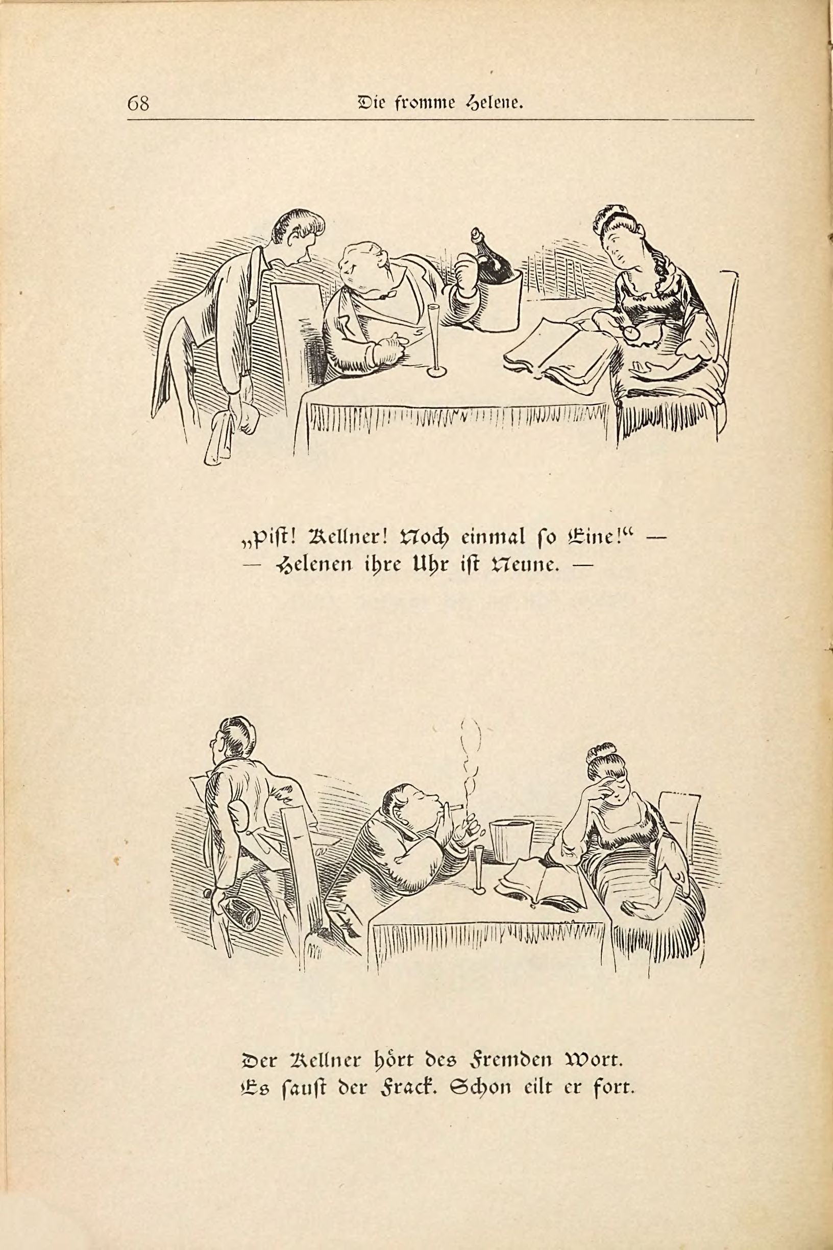 Die fromme Helene (Wilhelm Busch, 1882), Seite 68. Public domain. Bayerische Staatsbibliothek / Internet Archive.