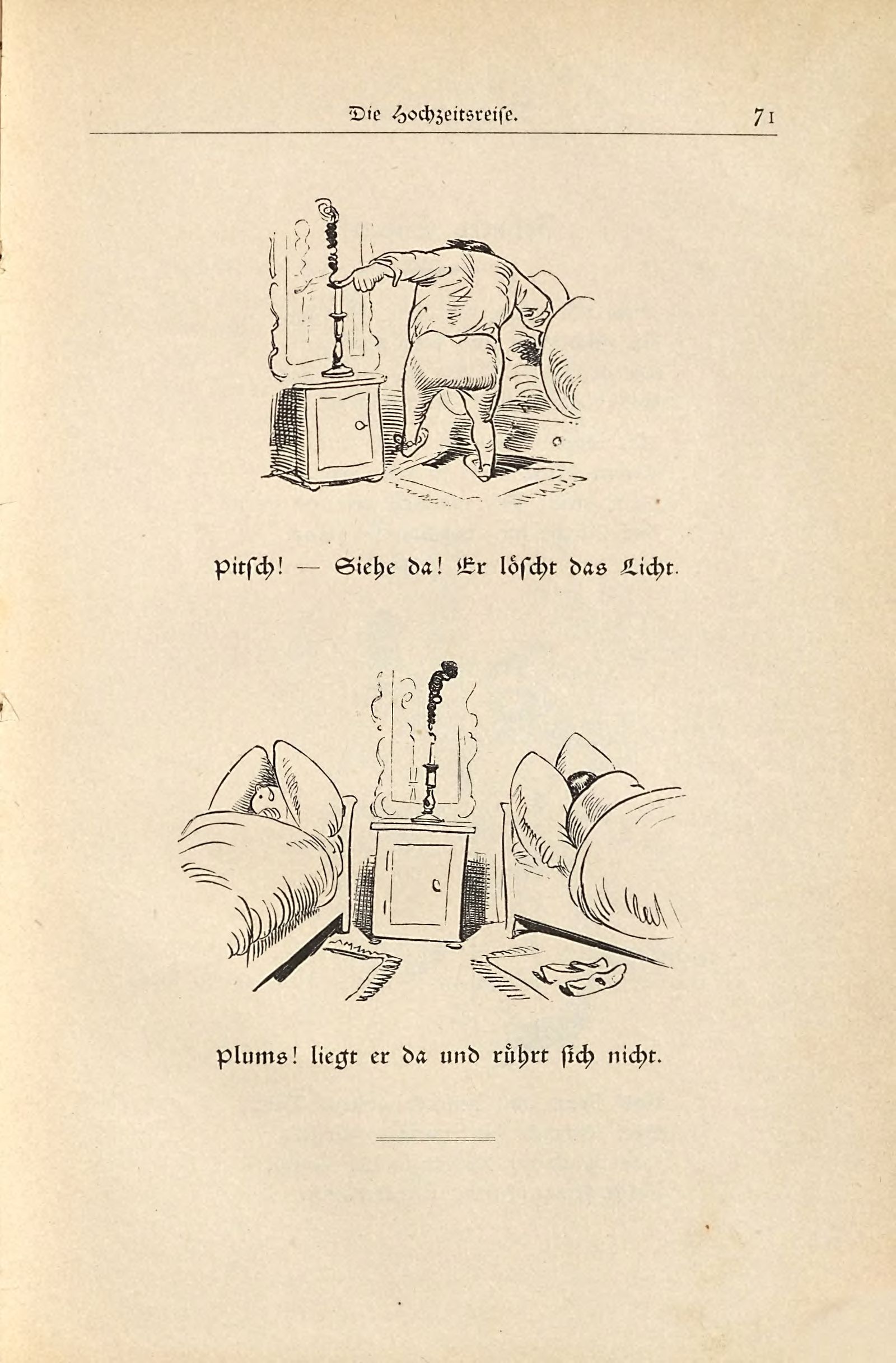 Die fromme Helene (Wilhelm Busch, 1882), Seite 71. Public domain. Bayerische Staatsbibliothek / Internet Archive.