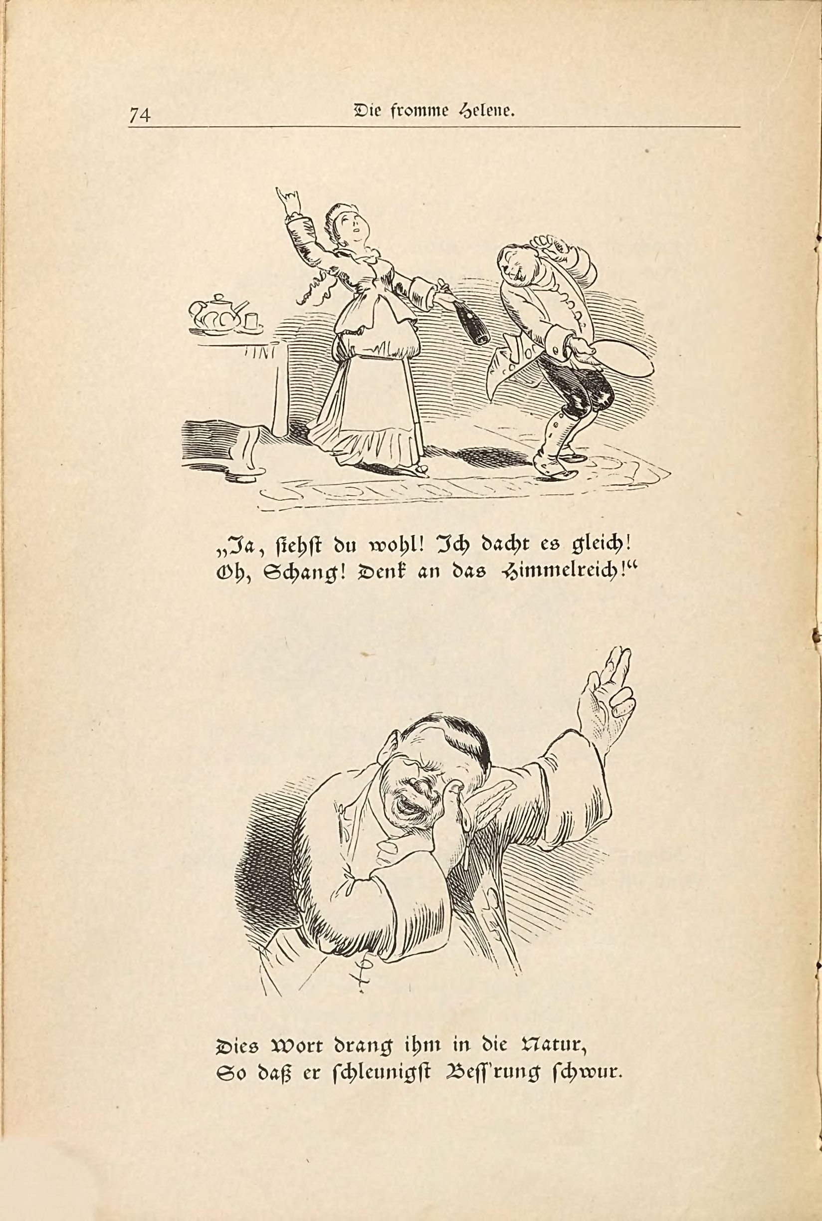 Die fromme Helene (Wilhelm Busch, 1882), Seite 74. Public domain. Bayerische Staatsbibliothek / Internet Archive.