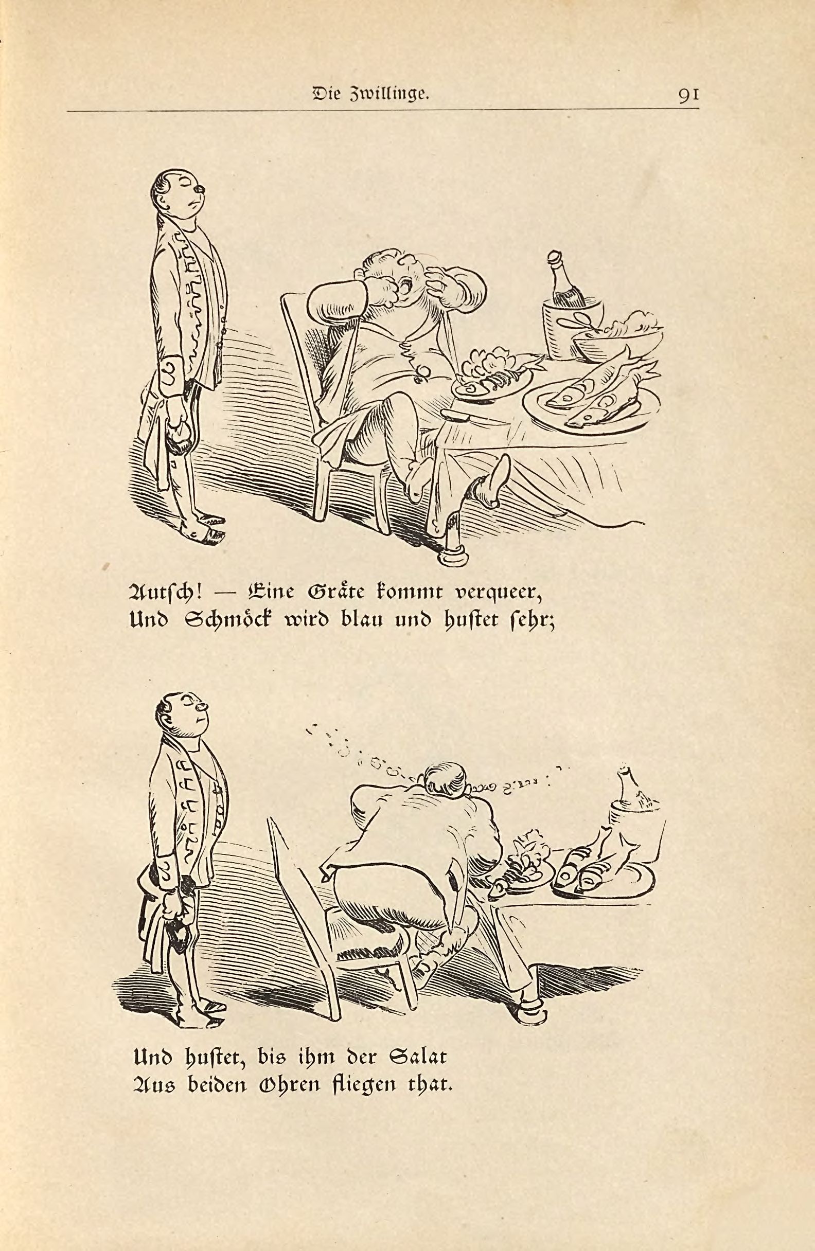 Die fromme Helene (Wilhelm Busch, 1882), Seite 91. Public domain. Bayerische Staatsbibliothek / Internet Archive.